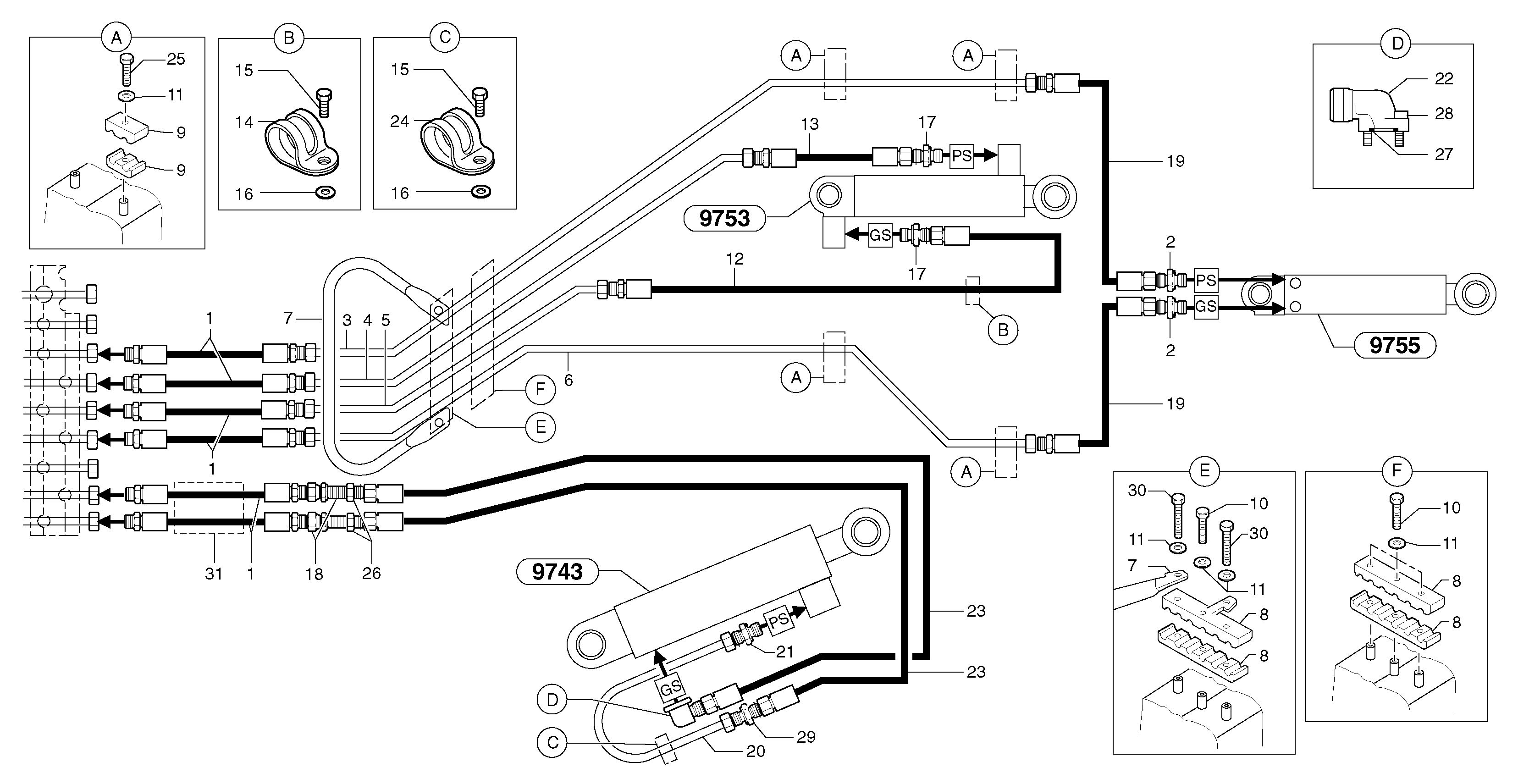 Схема запчастей Volvo EC45 TYPE 284 - 9406 Hydr. circuit.( boom / dipper arm / bucket ) 