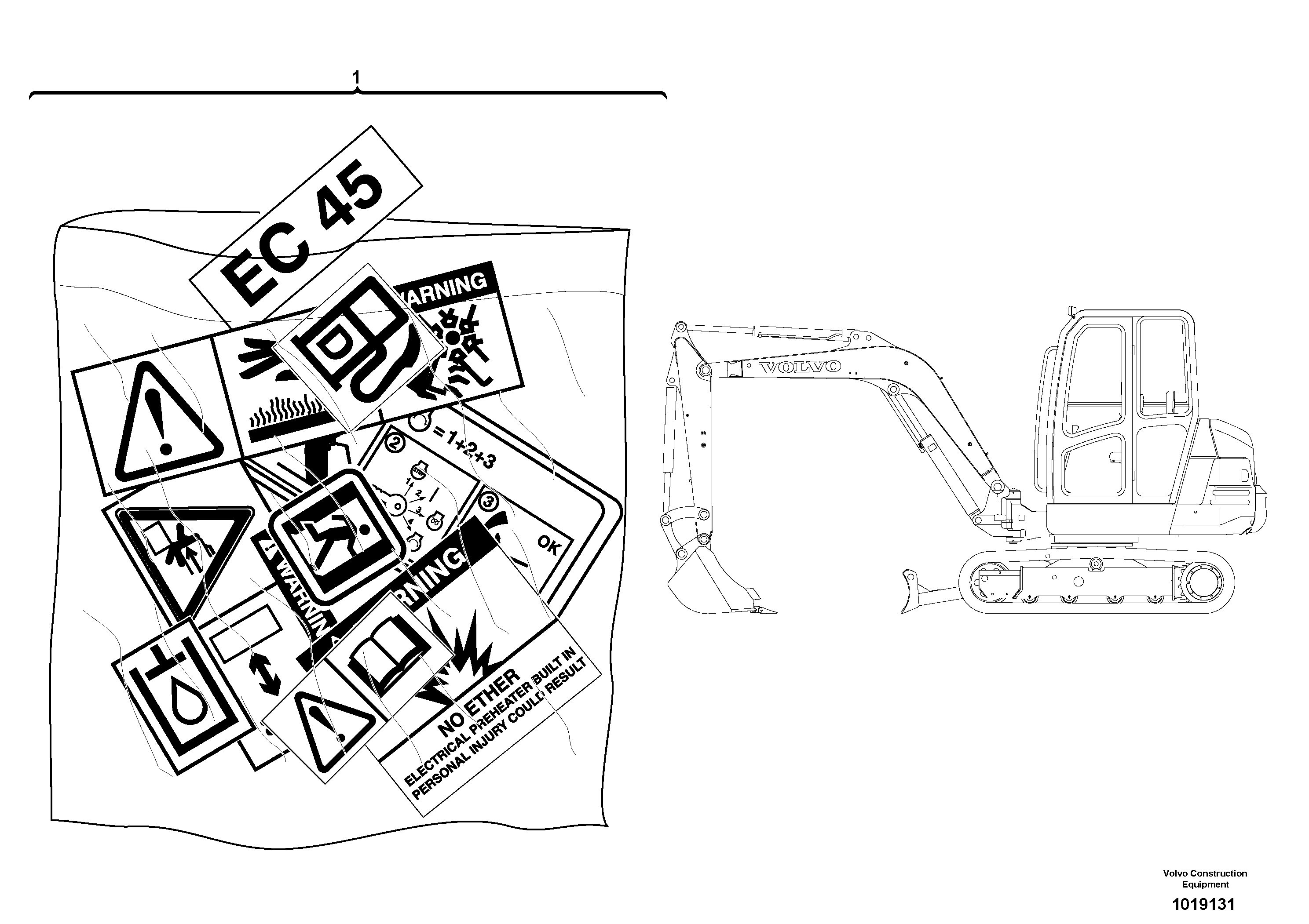 Схема запчастей Volvo EC45 TYPE 284 - 9725 Transfer : cab 