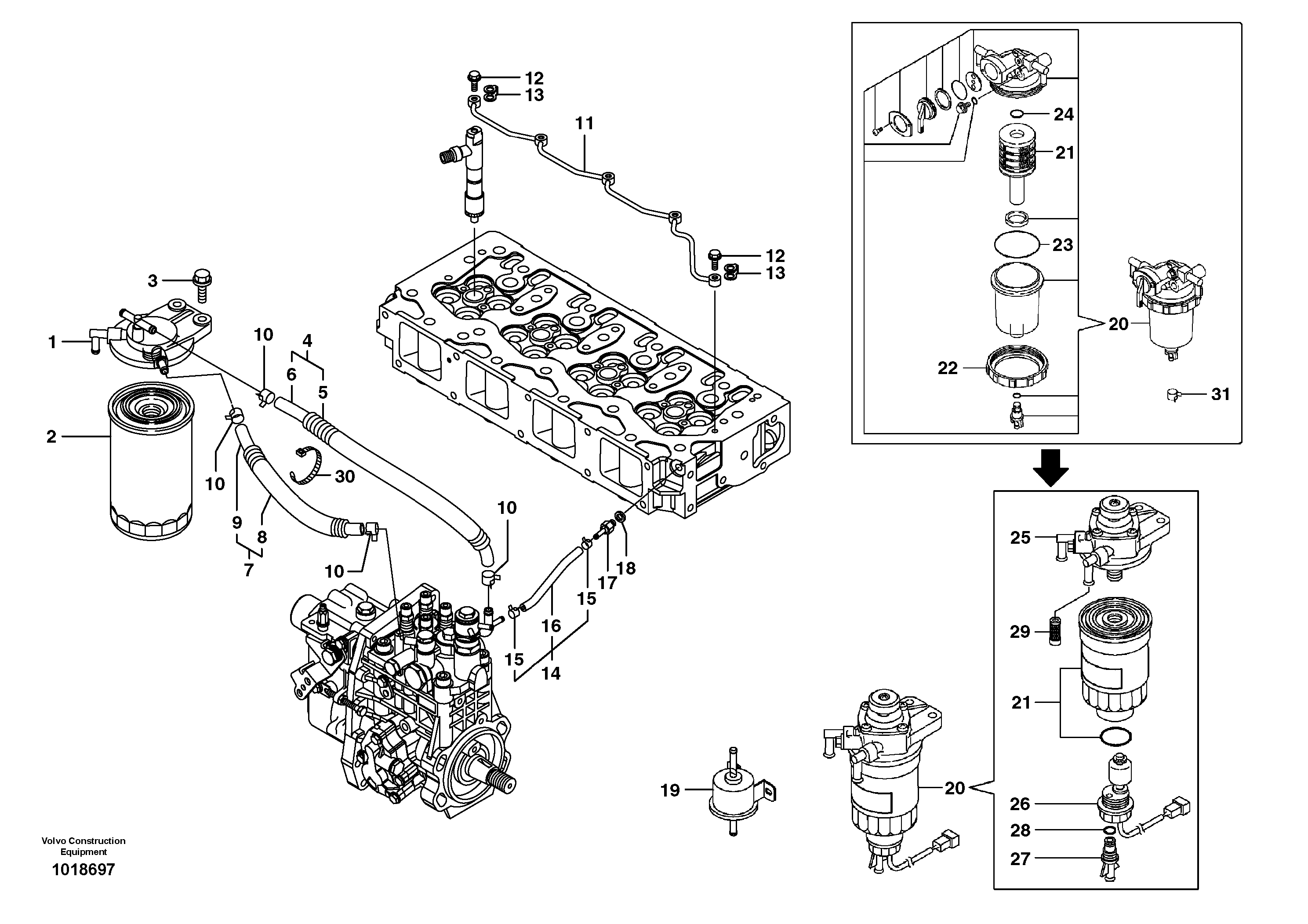 Схема запчастей Volvo EC55B - 32840 Fuel pipes, fuel injec.pump-fuel filter 