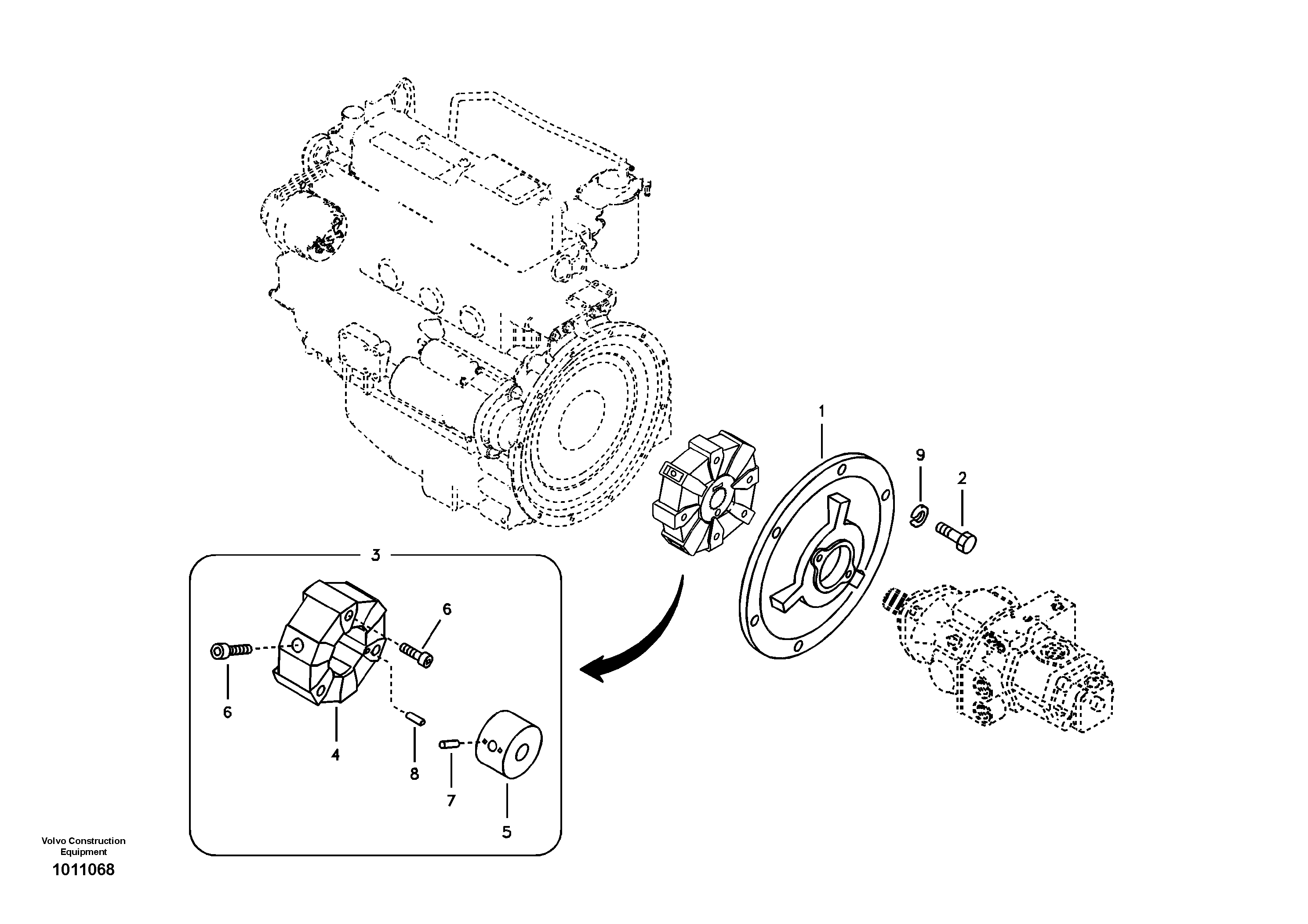 Схема запчастей Volvo EC55B - 36337 Pump gearbox with assembling parts 