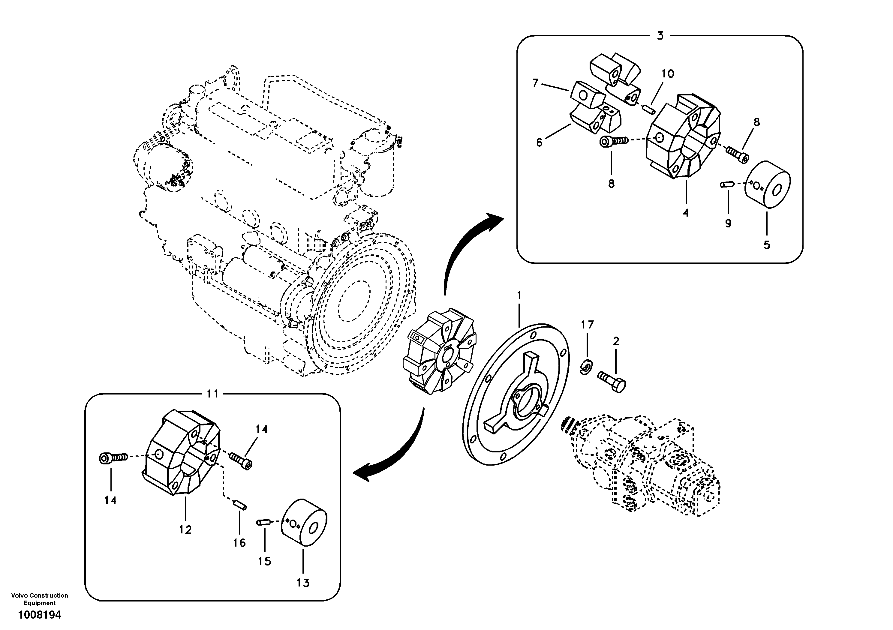 Схема запчастей Volvo EC55B - 91006 Pump gearbox with assembling parts 