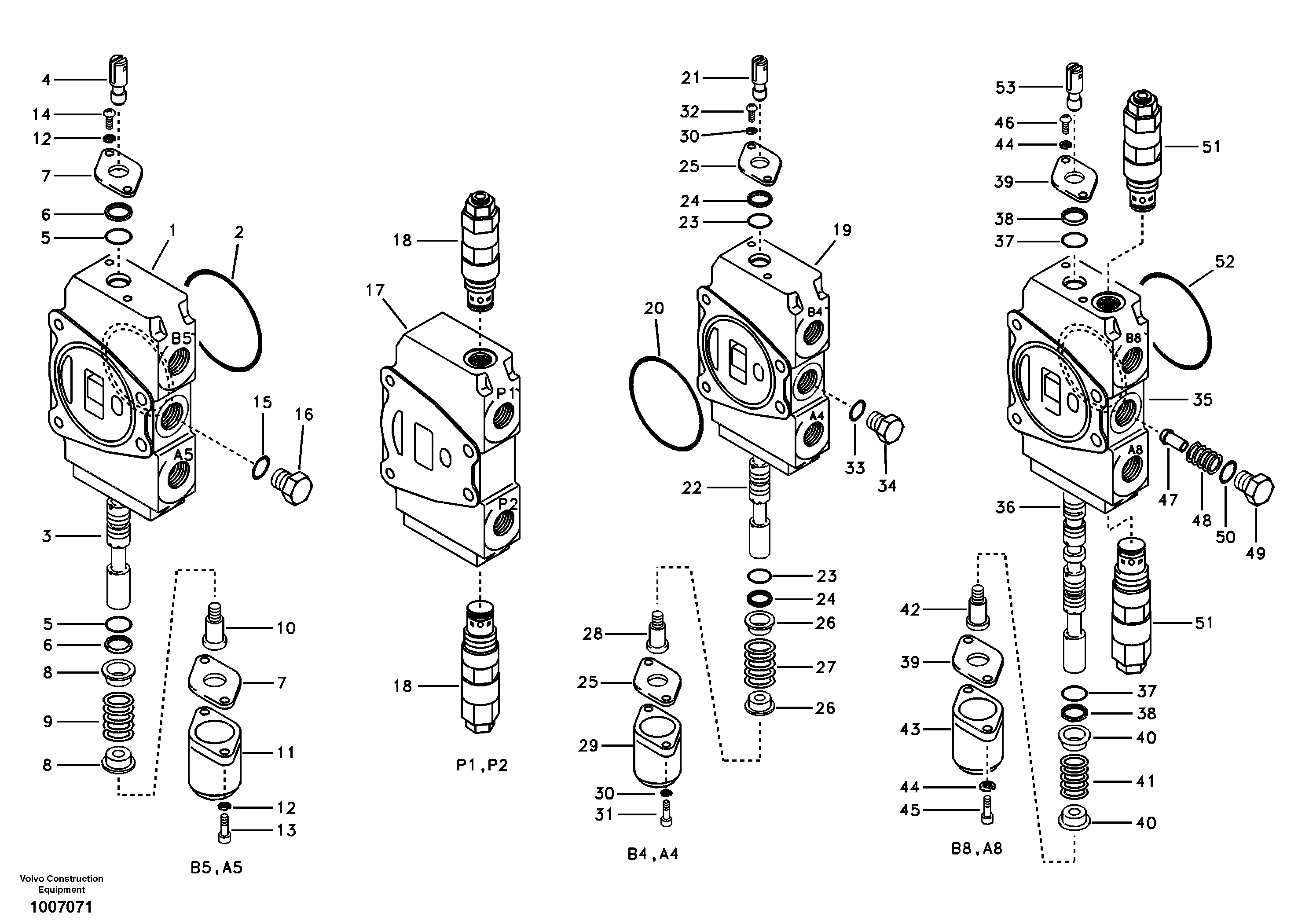 Схема запчастей Volvo EC55B - 94279 Main control valve, travel Lh and mid inlet and travel Rh 