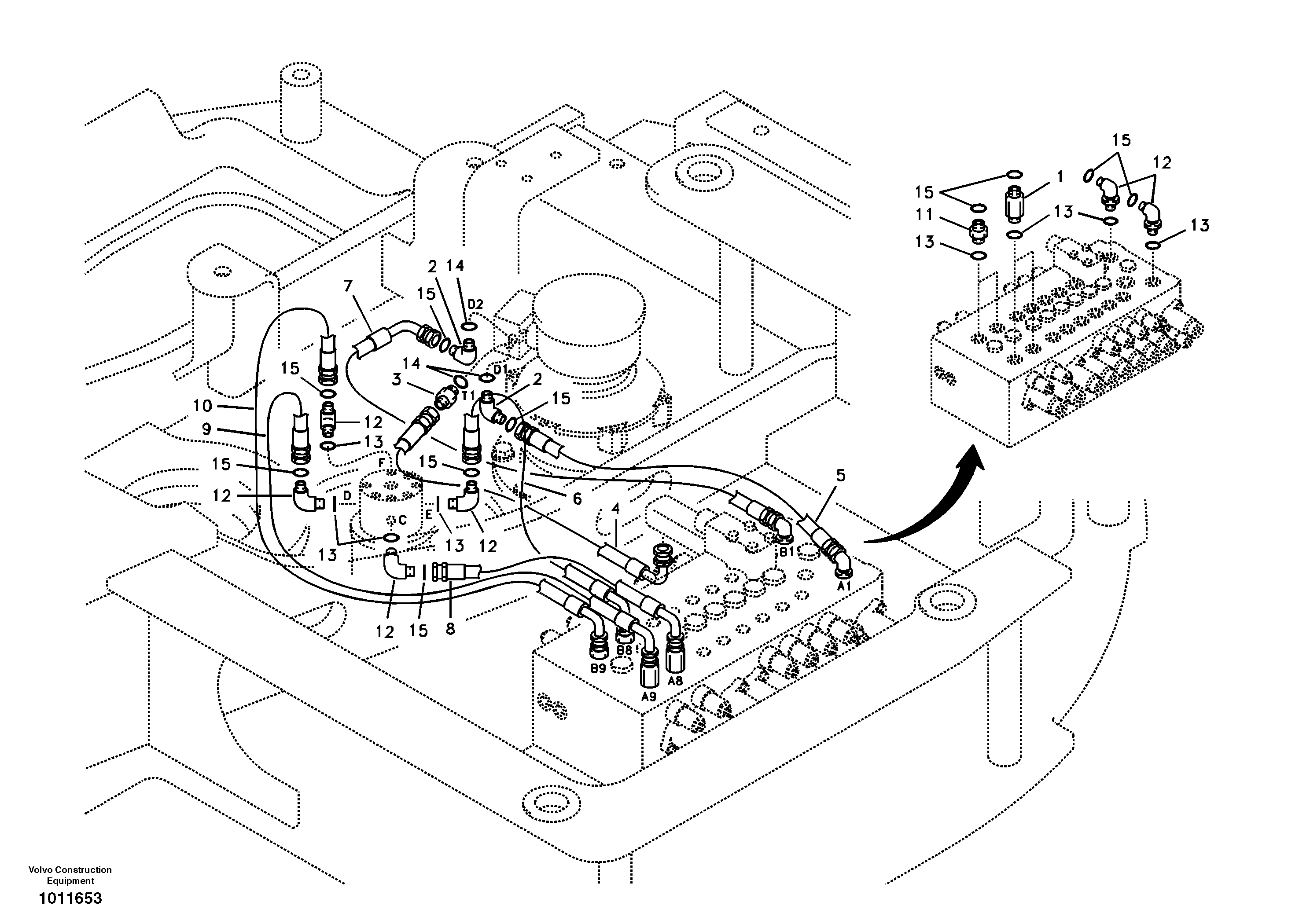 Схема запчастей Volvo ECR58 - 37615 Turning joint line, control valve to turning joint 