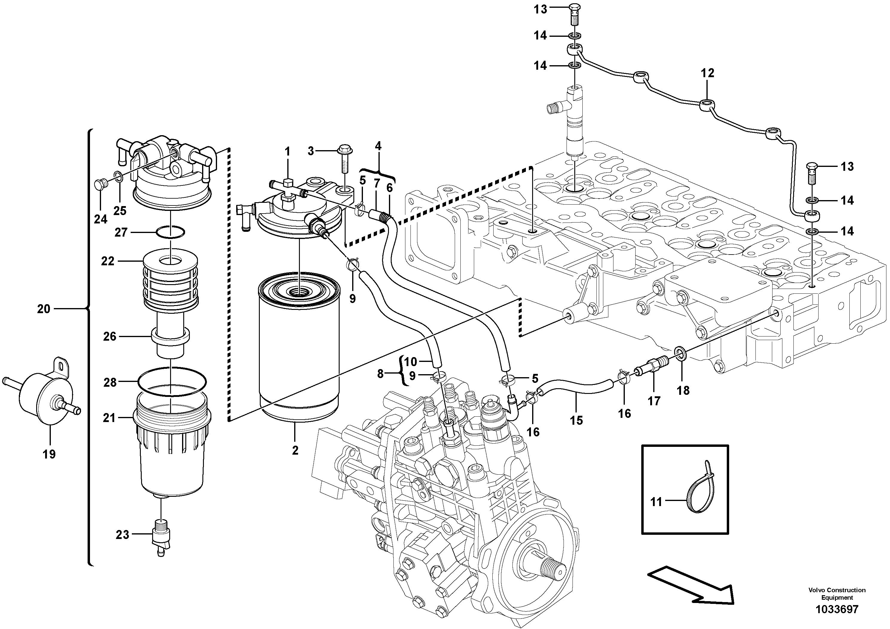 Схема запчастей Volvo EC55C S/N 110001- / 120001- - 47187 Fuel pipes, fuel injec.pump-fuel filter 