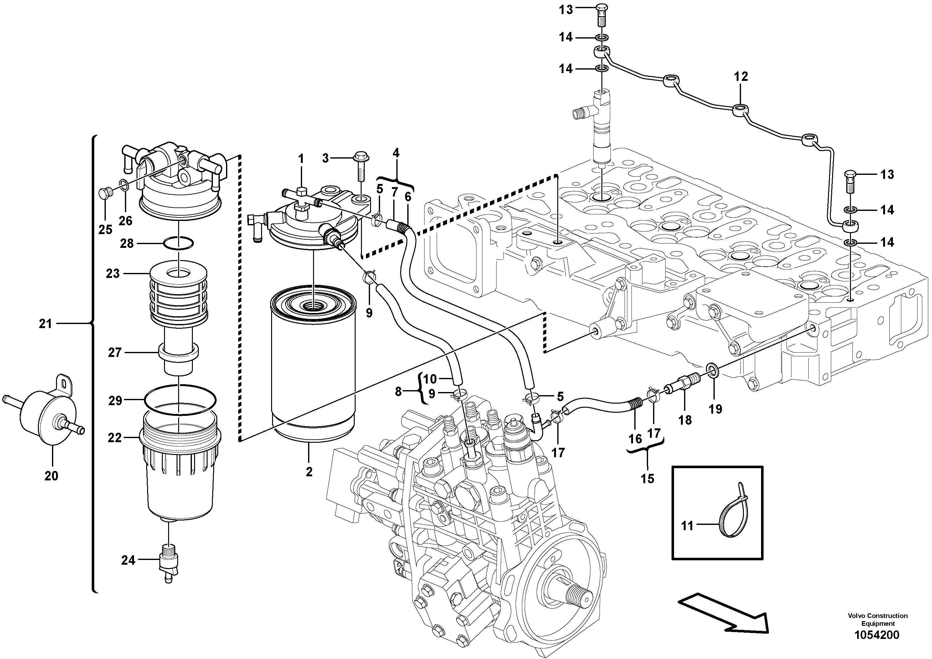 Схема запчастей Volvo EC55C S/N 110001- / 120001- - 47188 Fuel pipes, fuel injec.pump-fuel filter 