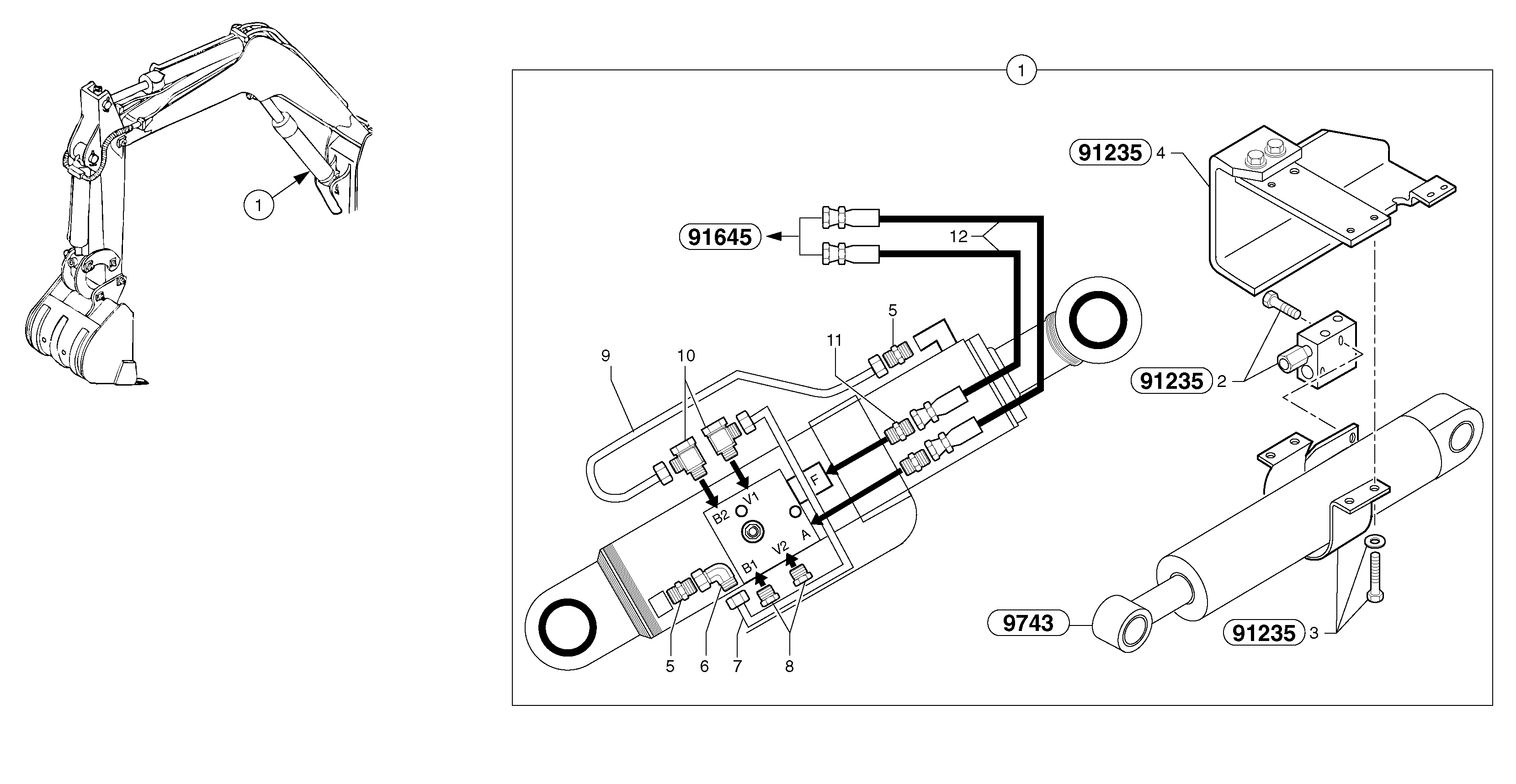 Схема запчастей Volvo EC15 - 5583 Hydraulic circuit ( safety valve / boom ) EC15 TYPE 265 XR