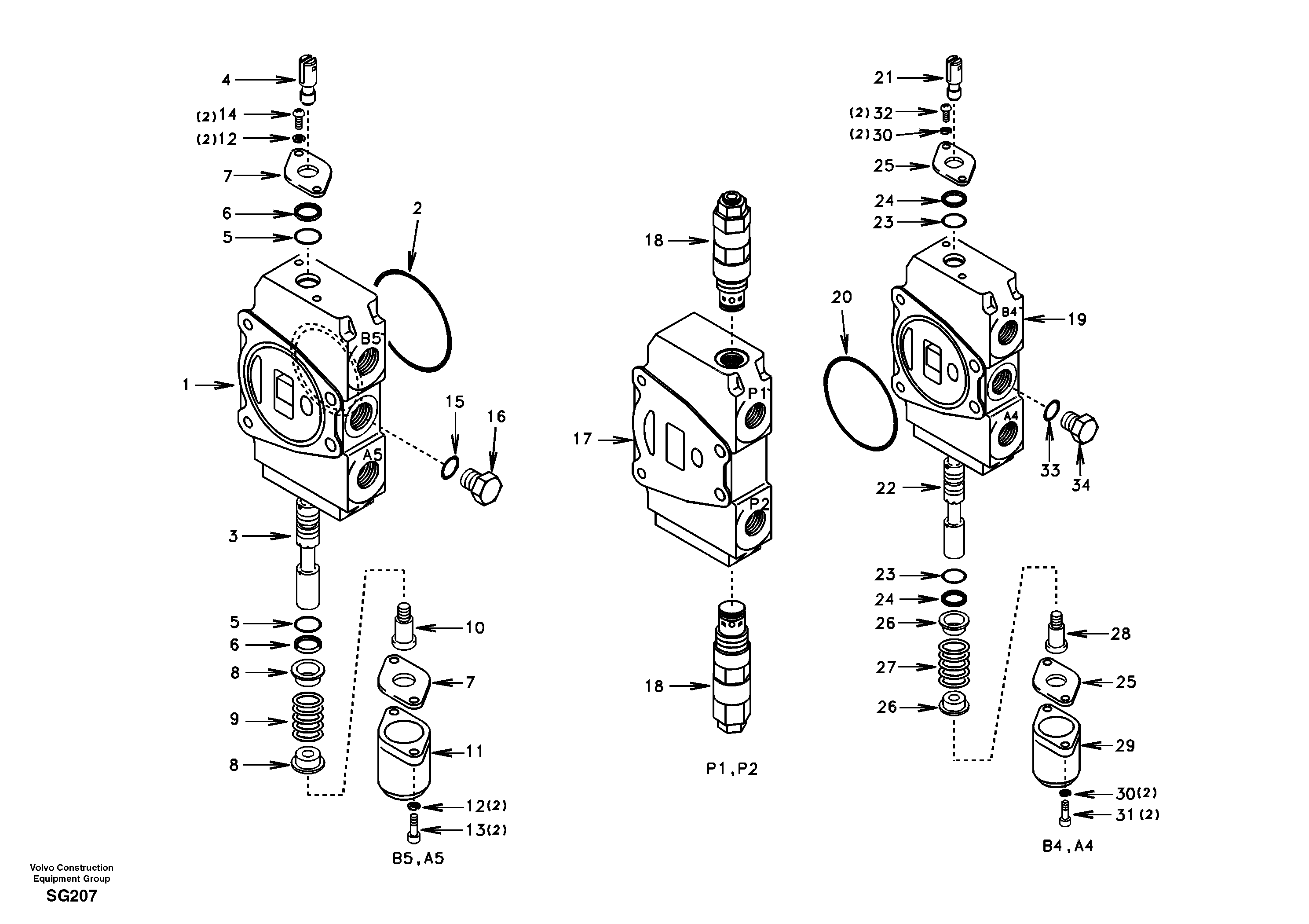 Схема запчастей Volvo EC55 - 91882 Main control valve, travel Lh and mid inlet and travel Rh EC55 SER NO 3001 -