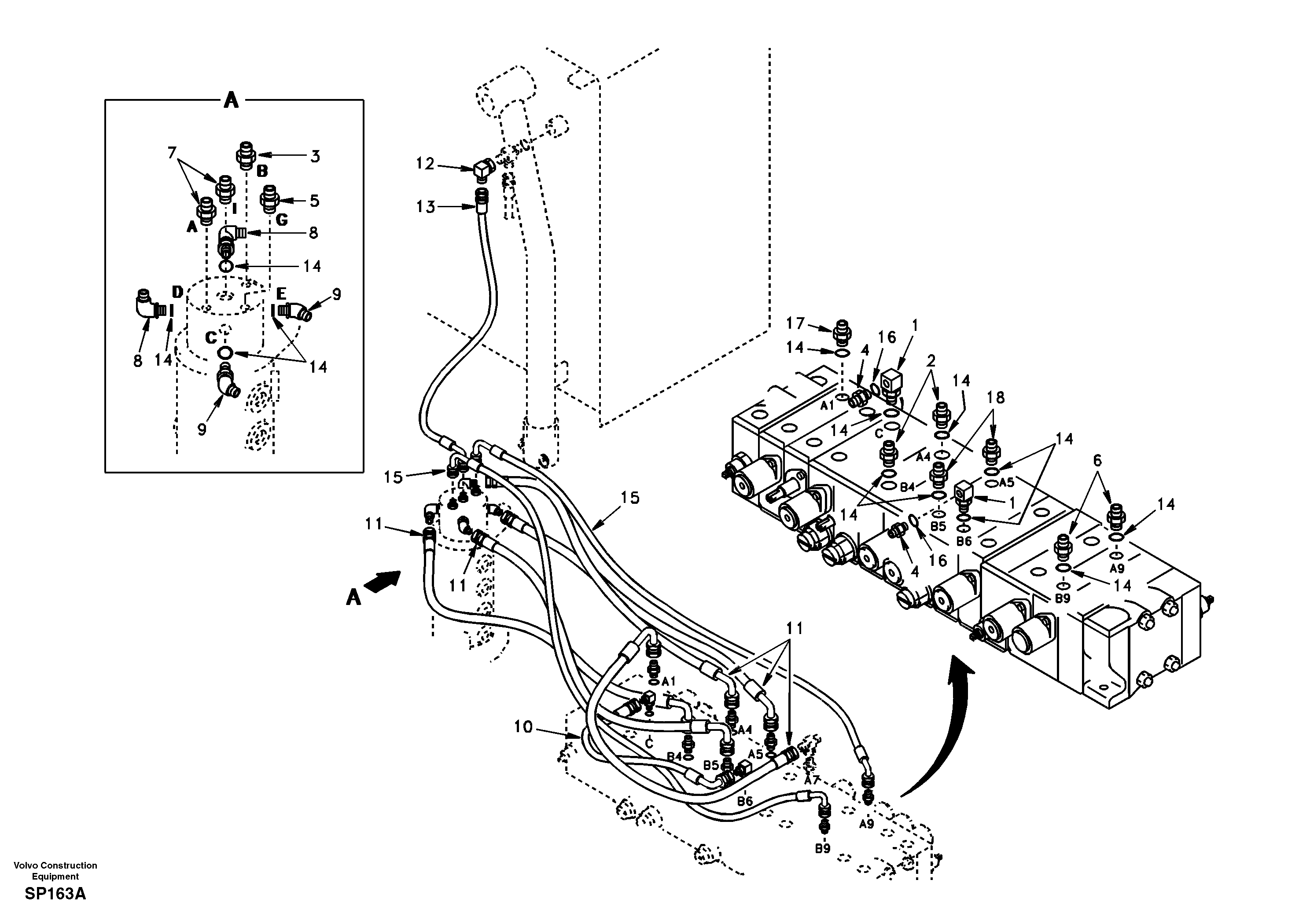 Схема запчастей Volvo EC55 - 3011 Turning joint line, control valve to turning joint EC55 SER NO 20001-