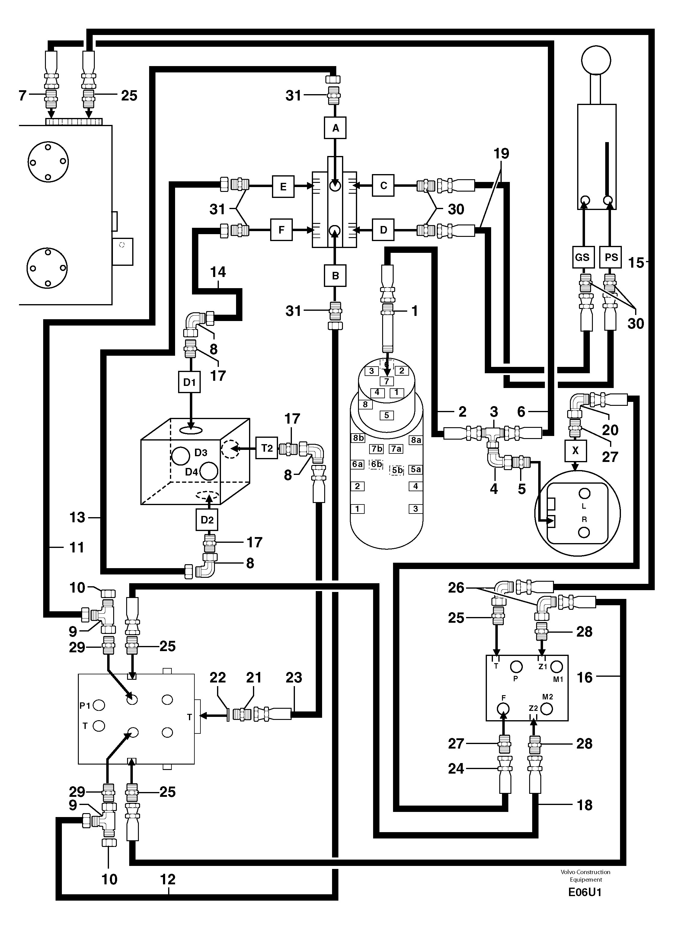 Схема запчастей Volvo EC70 - 102271 Hydr. circuit. ( boom slewing / offset ) EC70 TYPE 233