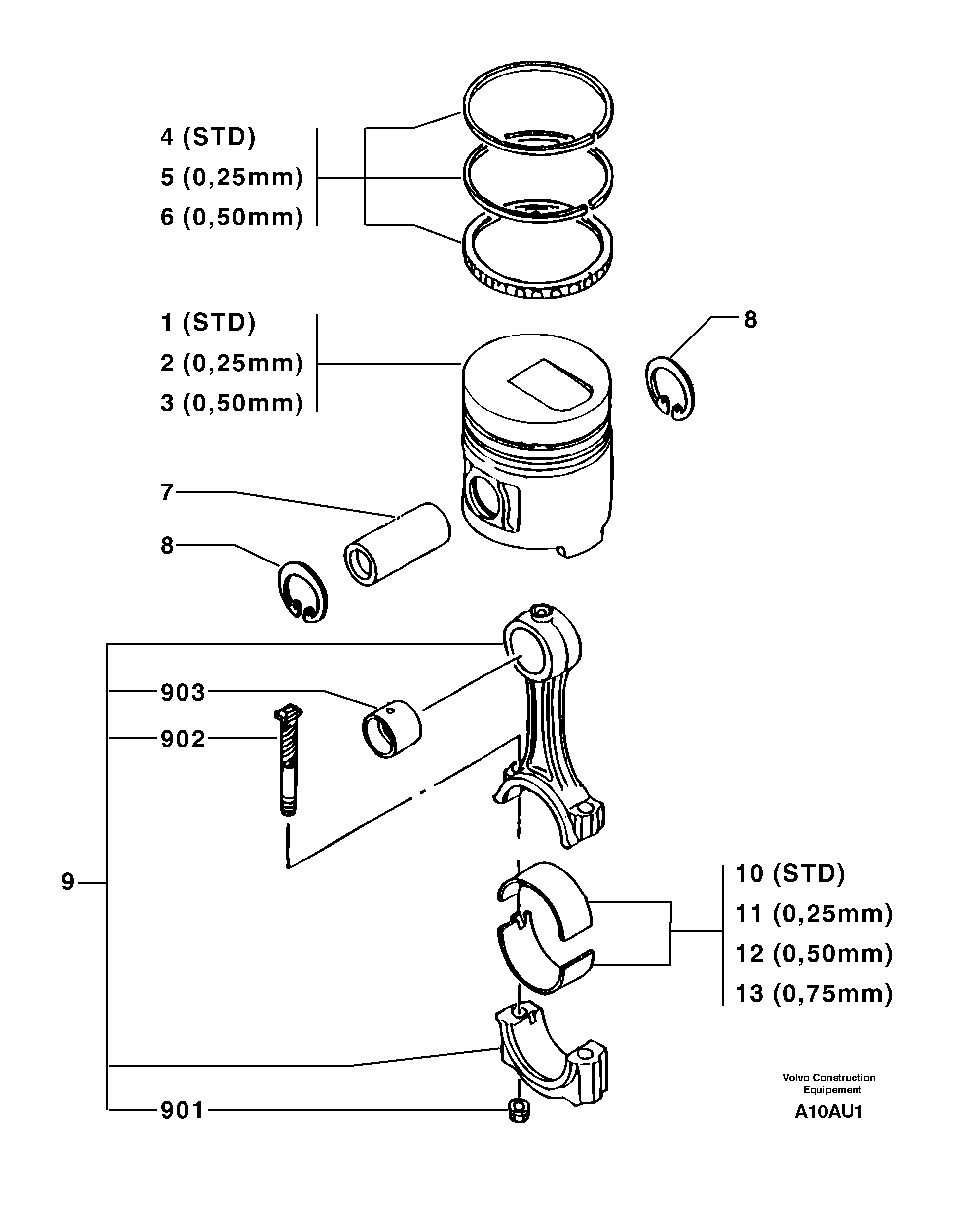 Схема запчастей Volvo EW70 - 10956 Pistons / connecting rods EW70VV TYPE 262