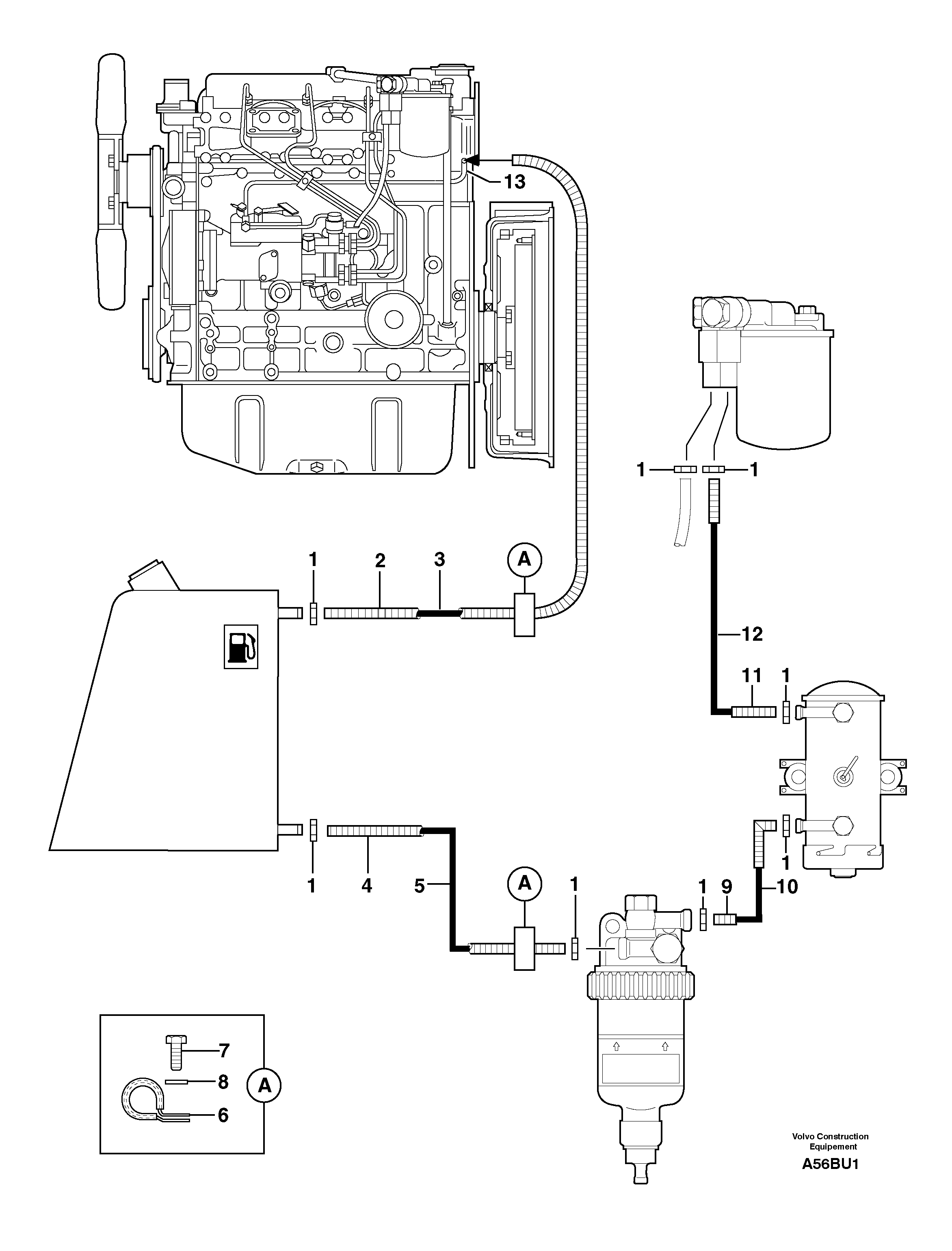 Схема запчастей Volvo EW70 - 13886 Fuel circuit EW70VV TYPE 262