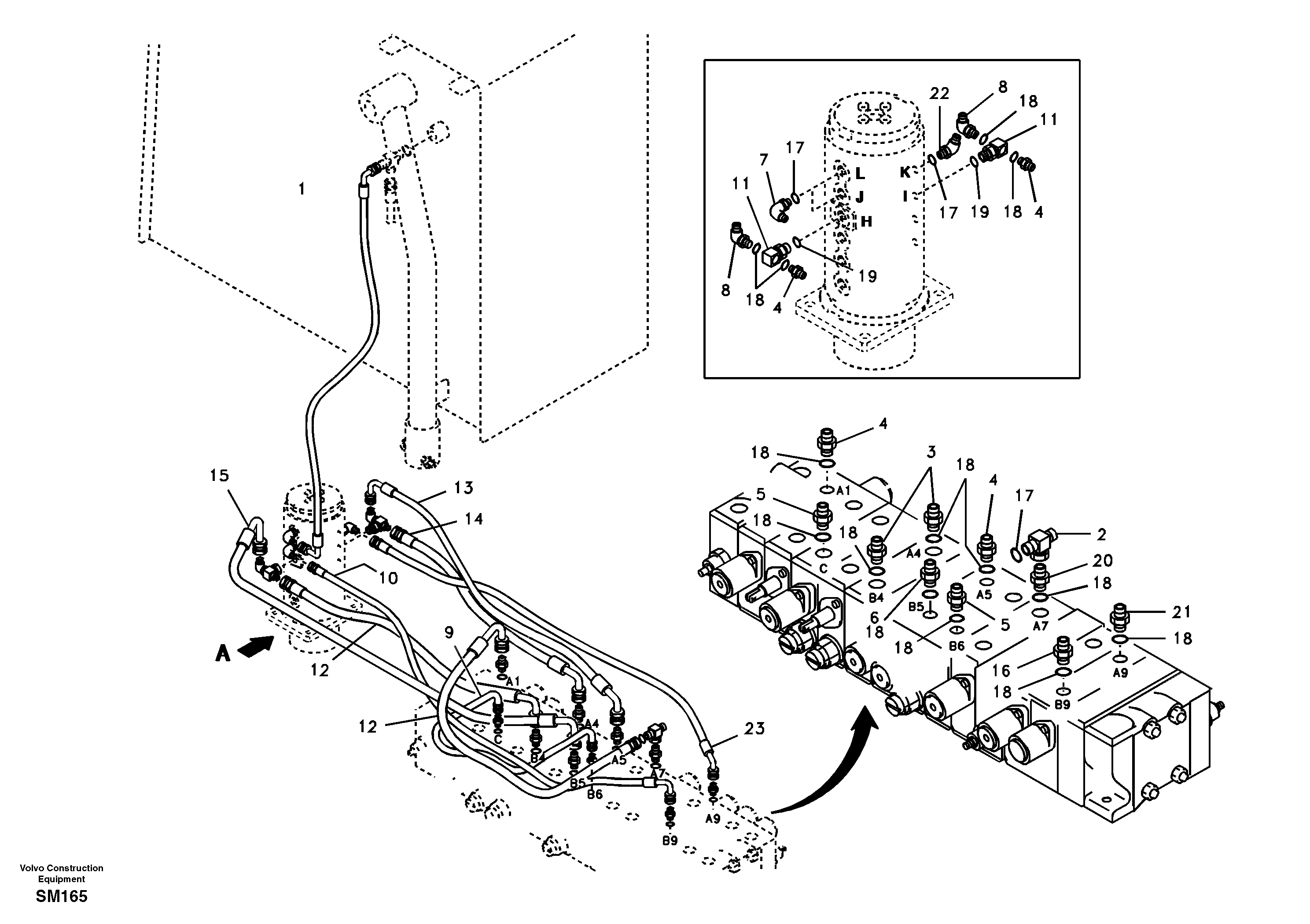 Схема запчастей Volvo EW55 SER NO 5630- - 11239 Turning joint line, control valve to turning joint 