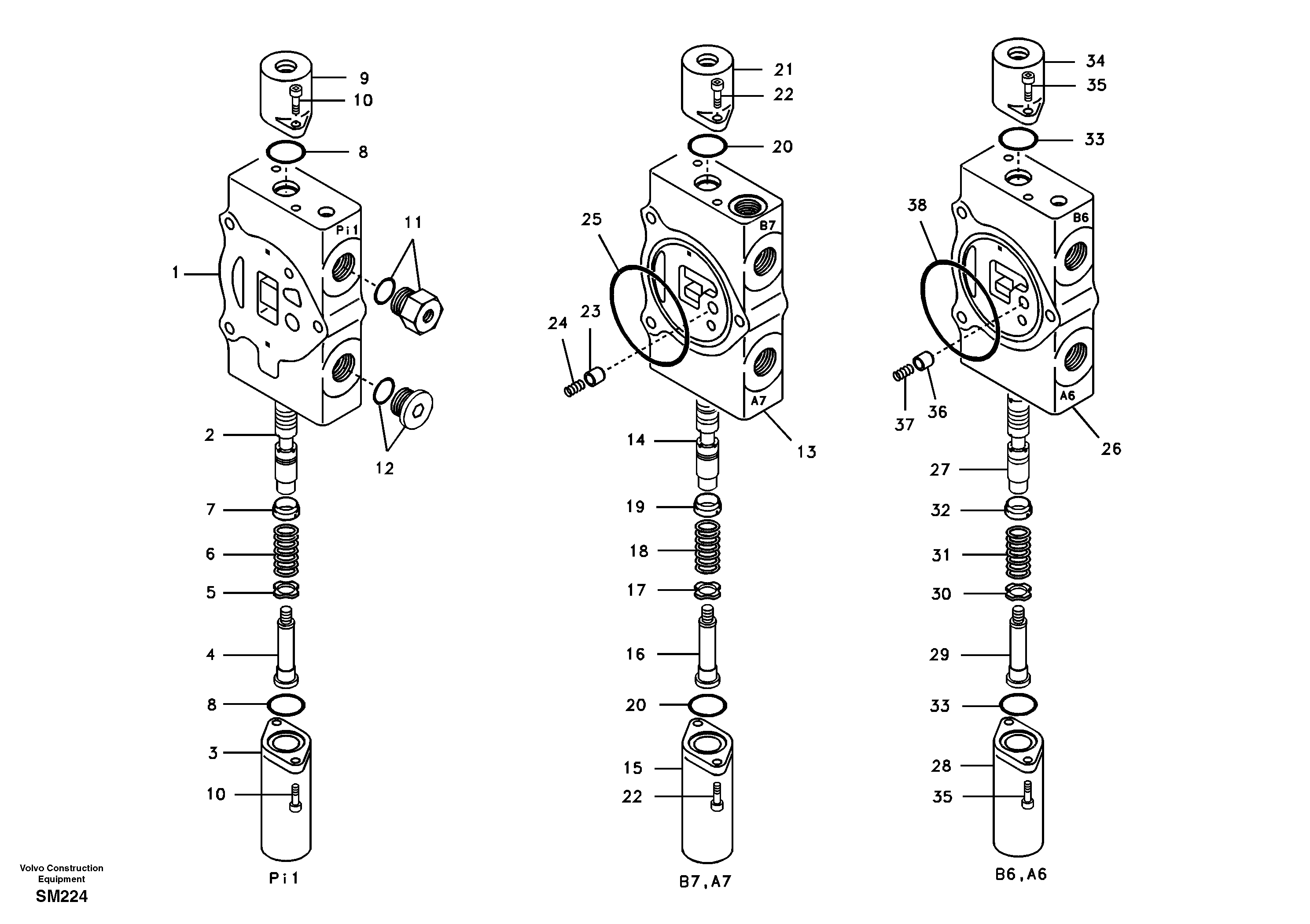 Схема запчастей Volvo EW55 SER NO 5630- - 31634 Main control valve, travel straight forward and dipper arm 1 and boom 2 