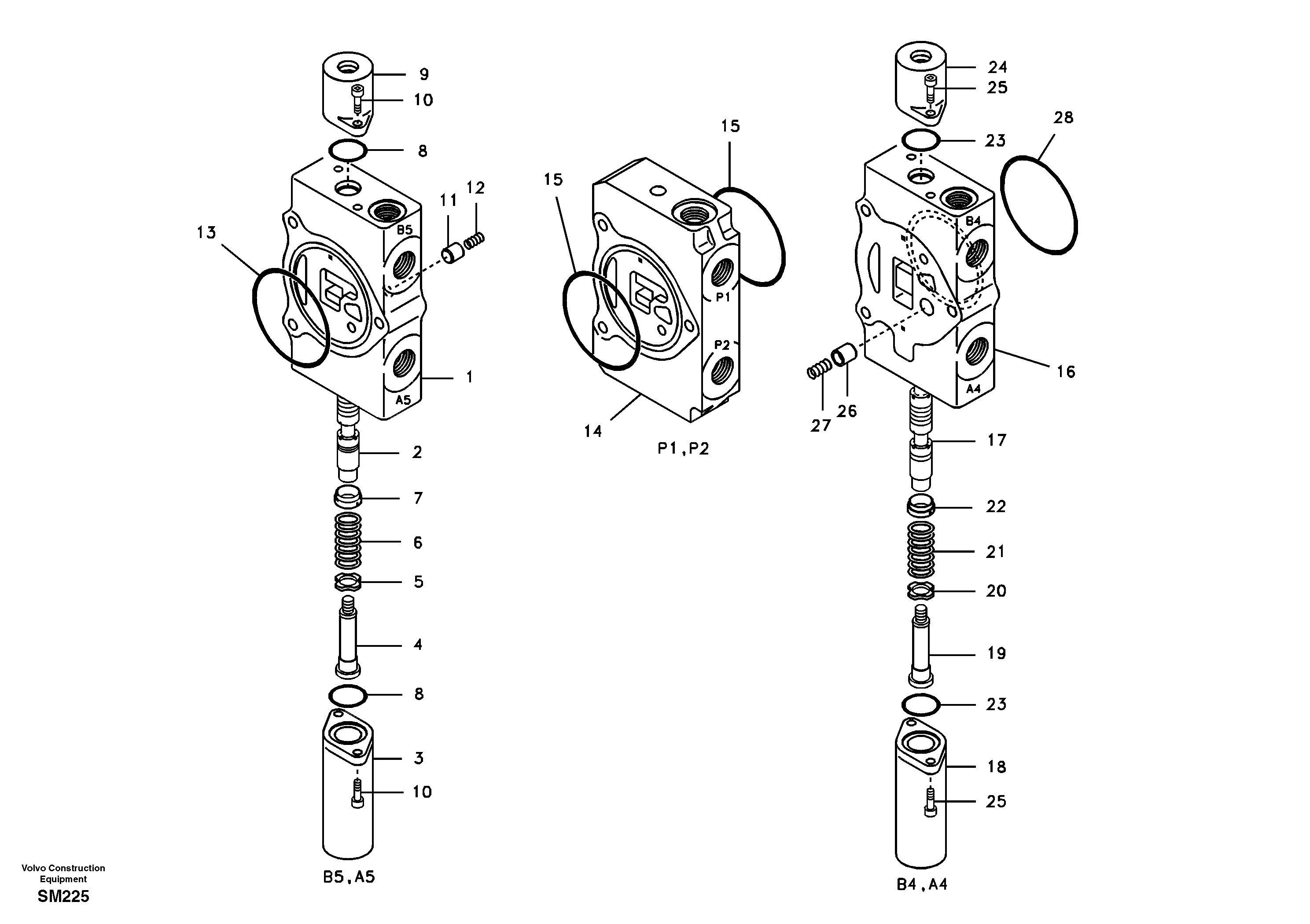 Схема запчастей Volvo EW55 SER NO 5630- - 31635 Main control valve, travel Lh and mid inlet and travel Rh 