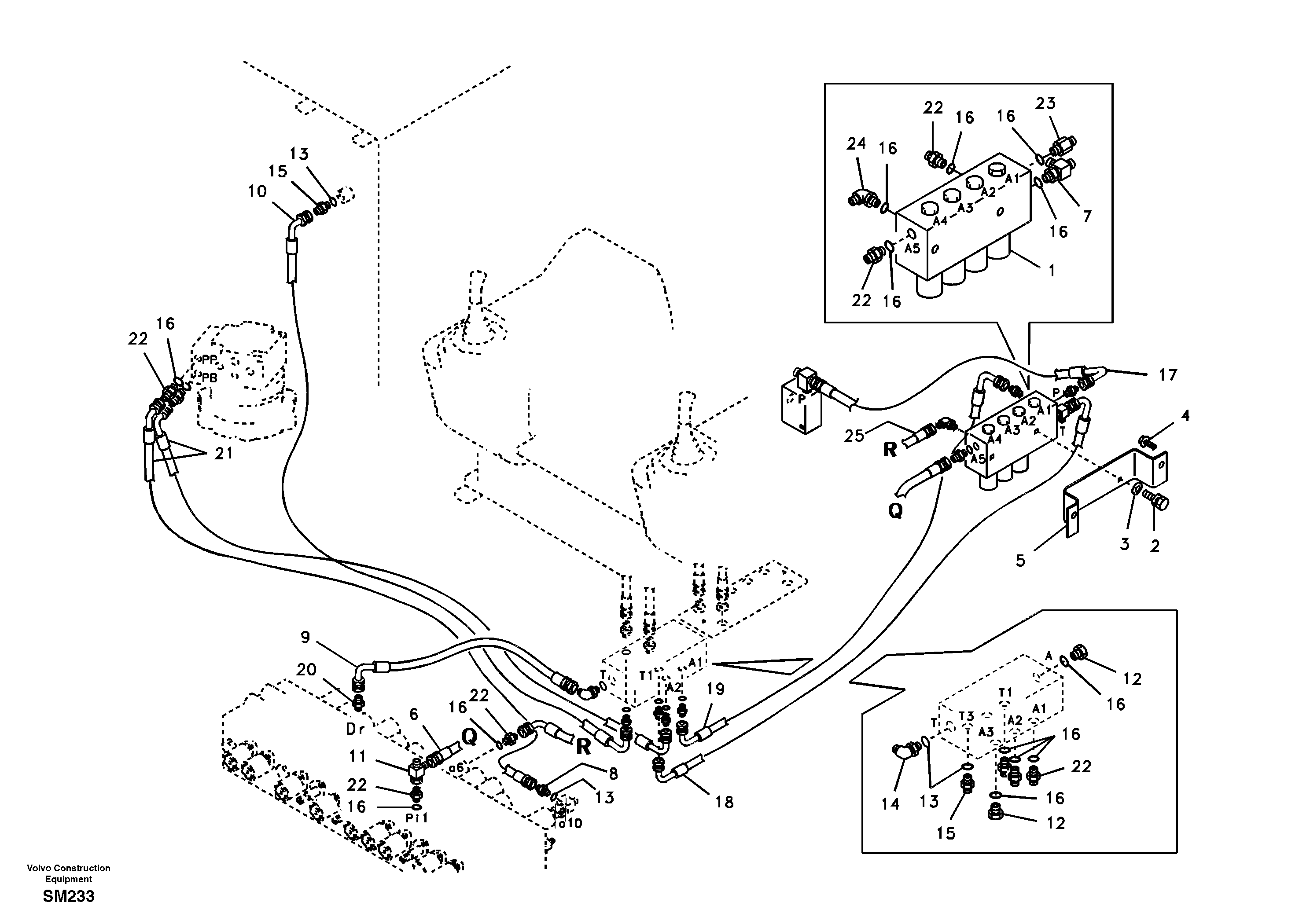 Схема запчастей Volvo EW55 SER NO 5630- - 45248 Servo system, control valve to solenoid valve 