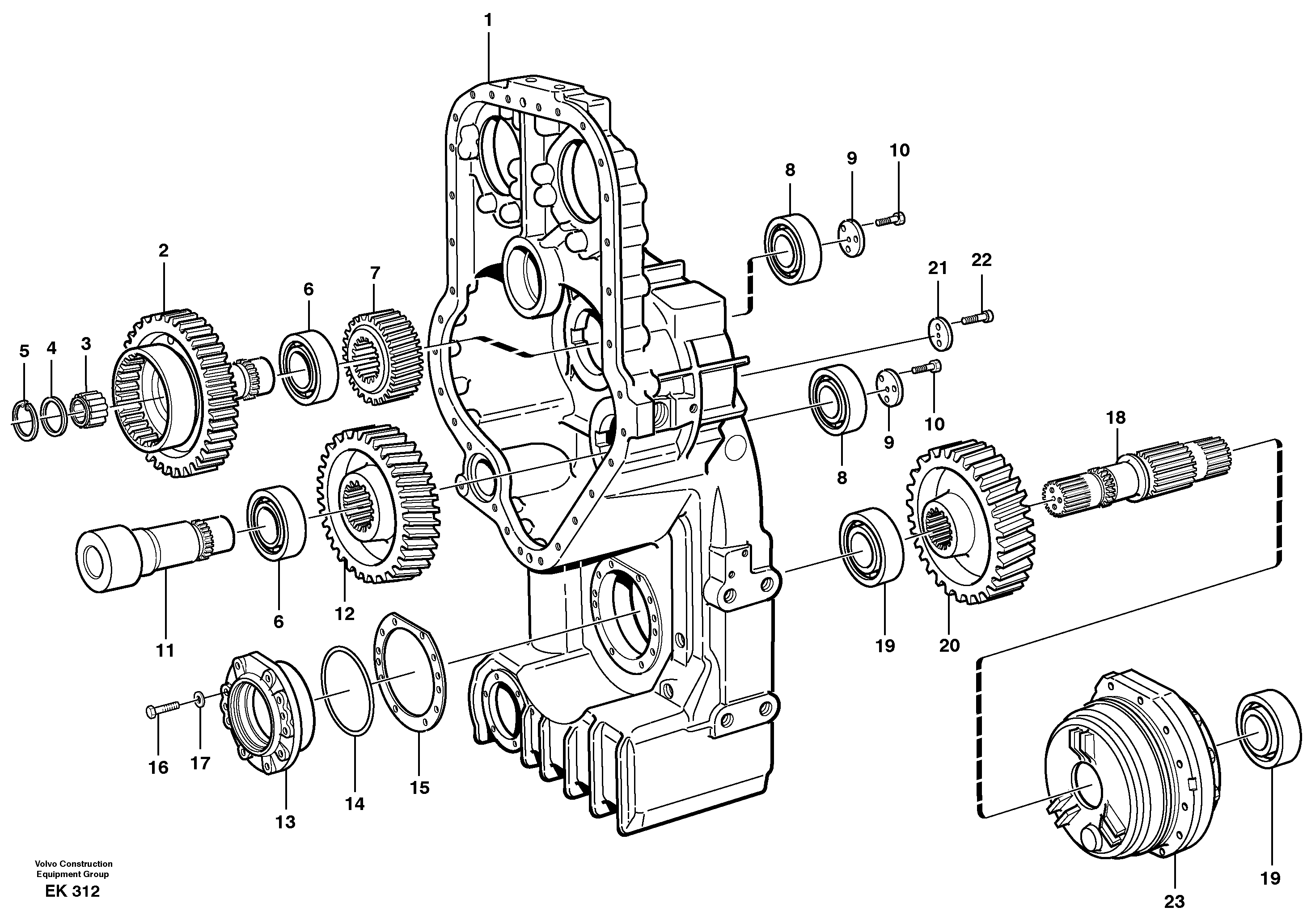 Схема запчастей Volvo L220E - 9503 Transfer case, gears and shafts L220E SER NO 4003 - 5020