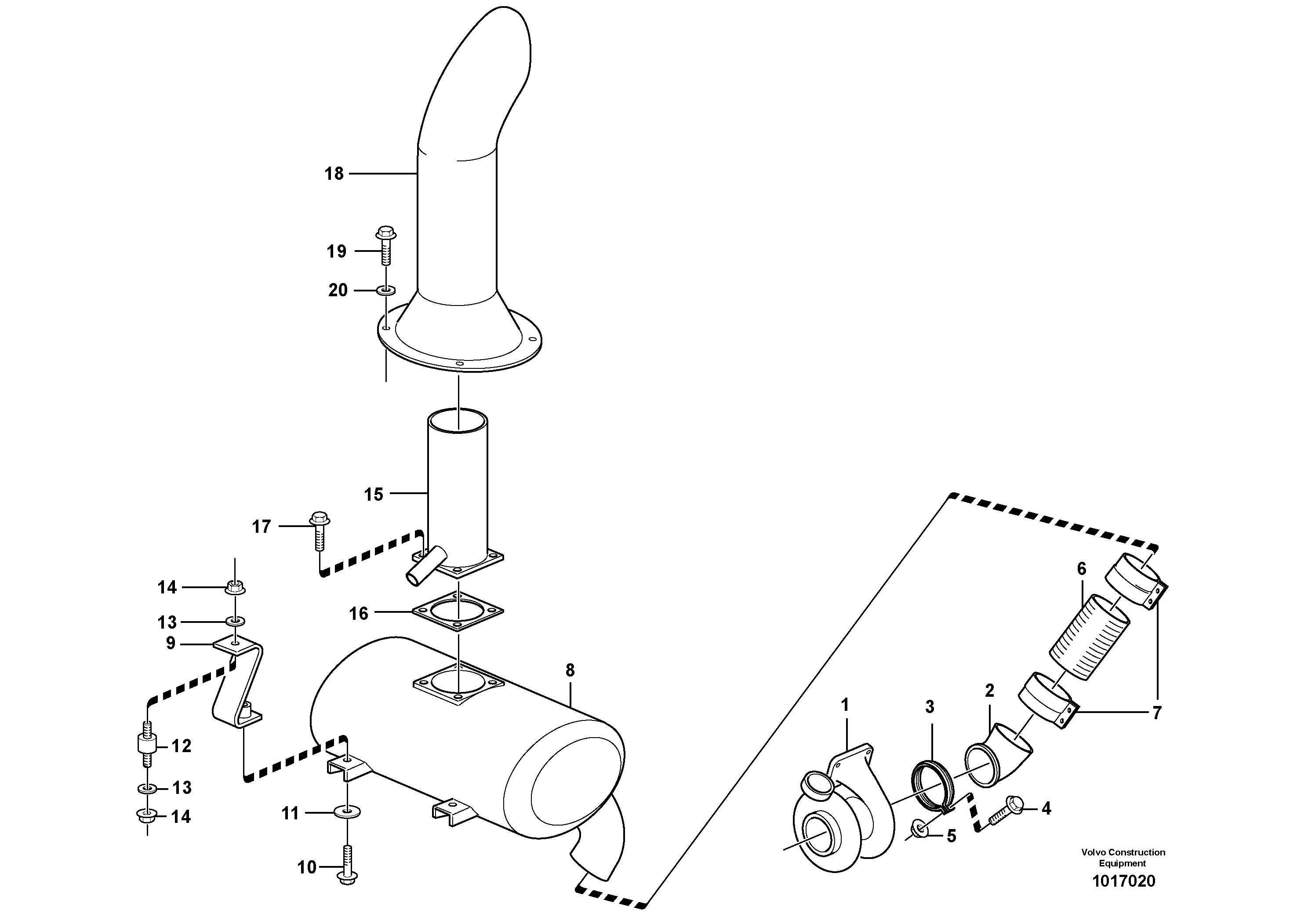 Схема запчастей Volvo L220E - 21437 Exhaust system, silencer L220E SER NO 4003 - 5020