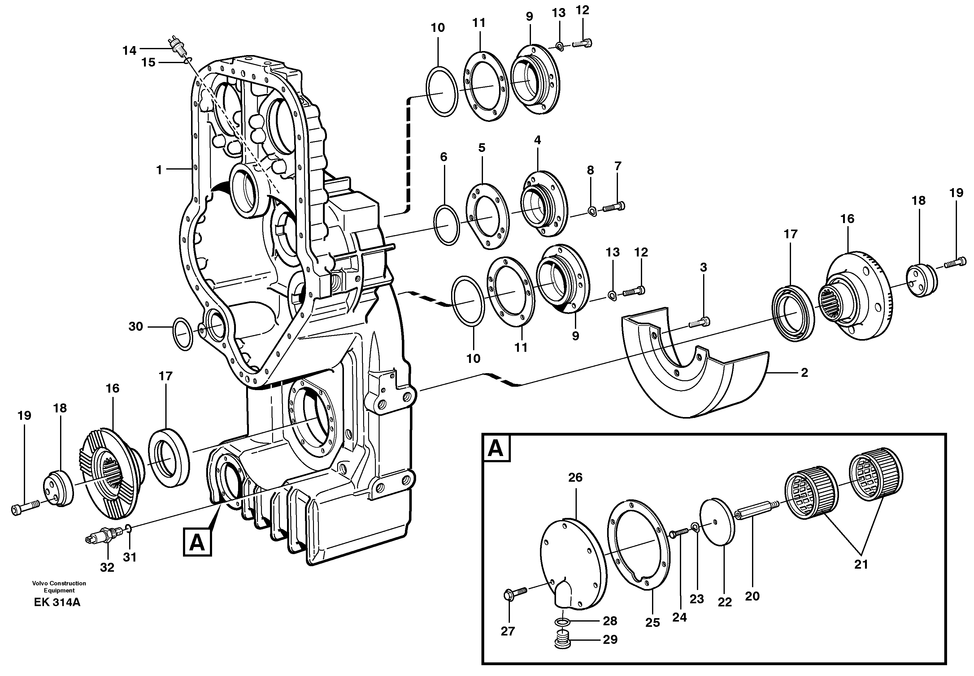 Схема запчастей Volvo L220E - 100079 Transfer case, housing and covers L220E SER NO 2001 - 3999