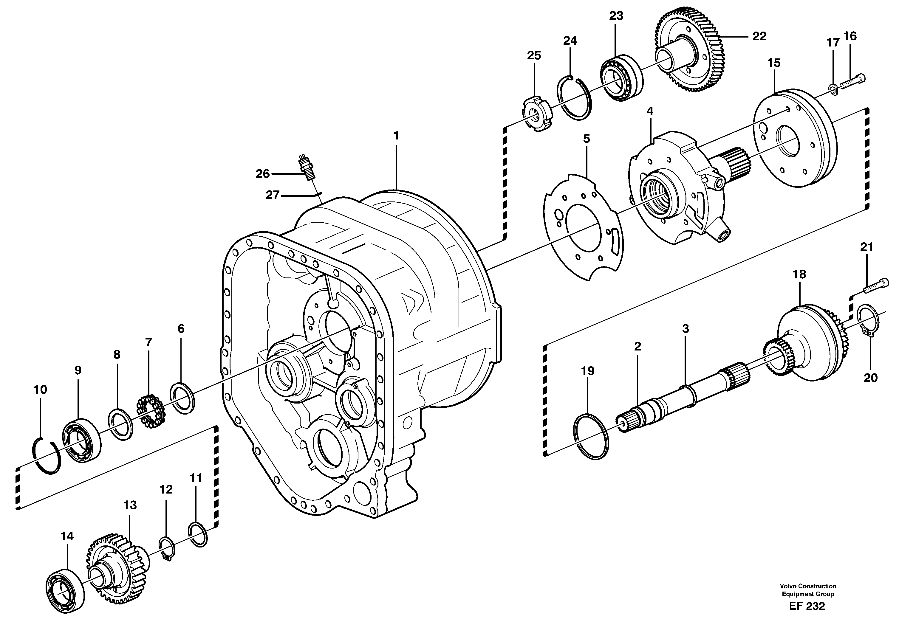 Схема запчастей Volvo L150D - 46963 Converter housing, gears and shafts L150D