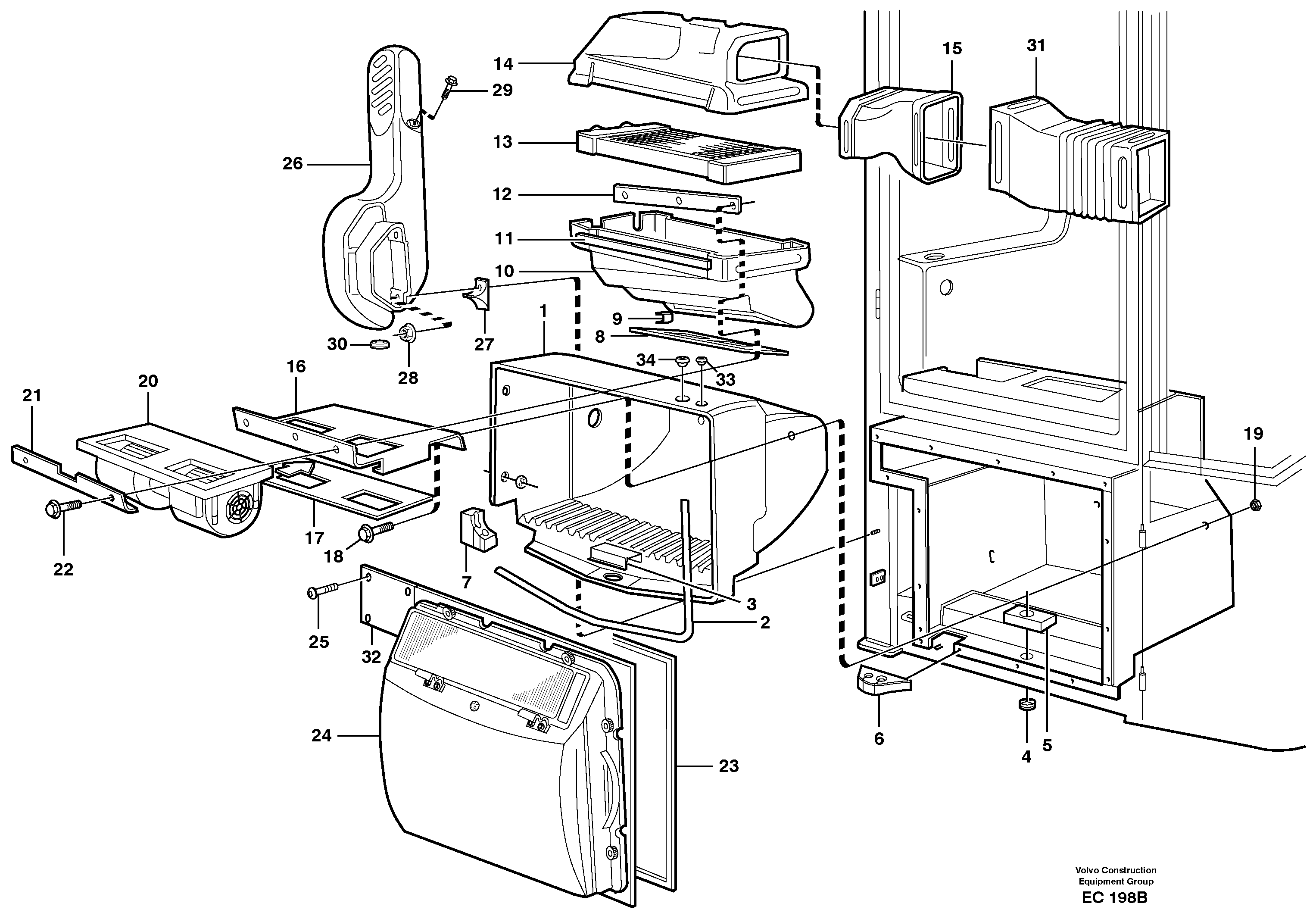 Схема запчастей Volvo L70D - 21012 Fresh air inlet, air filter and fan housing L70D