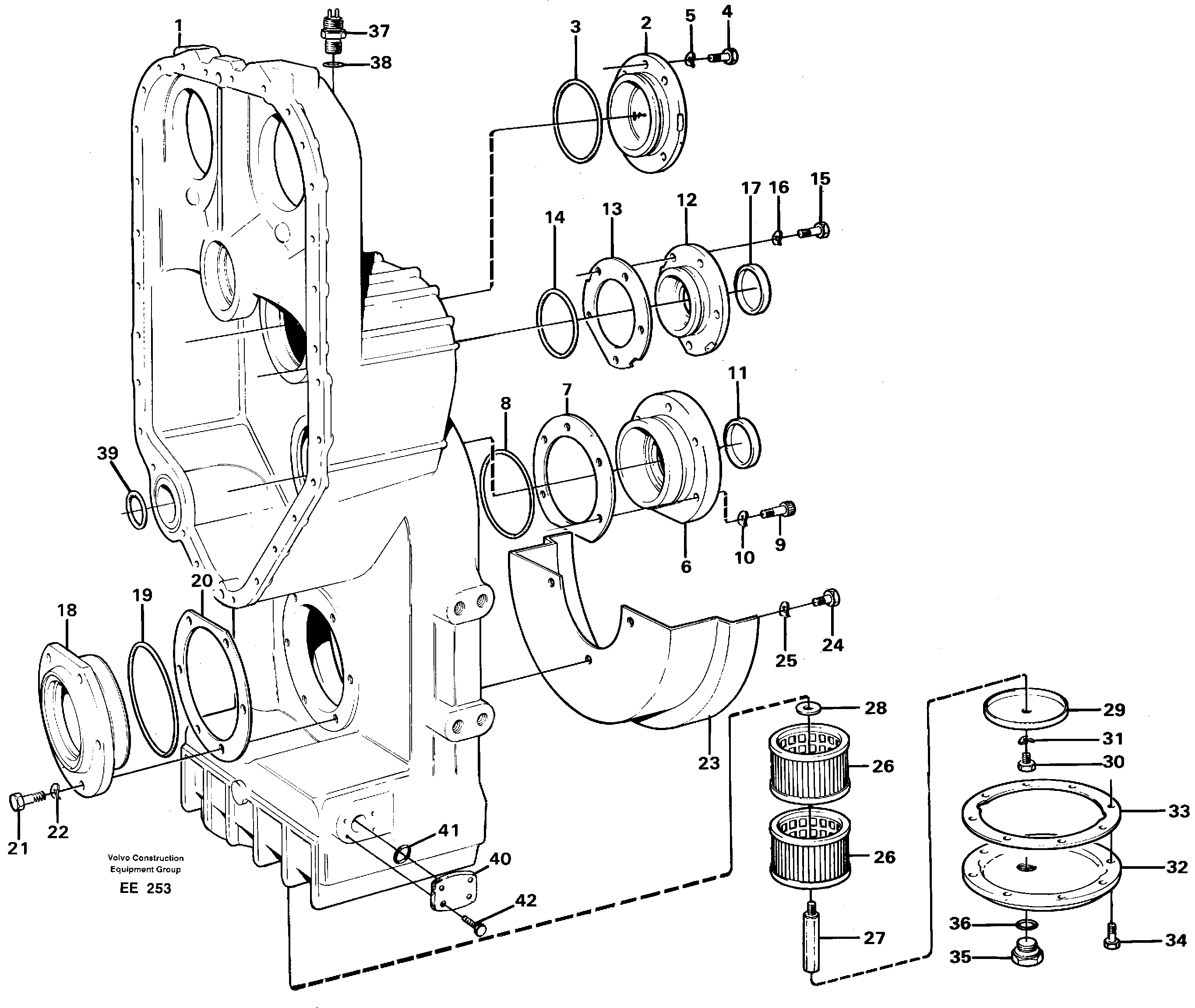 Схема запчастей Volvo L120D - 27655 Transfer case, housing and covers L120D