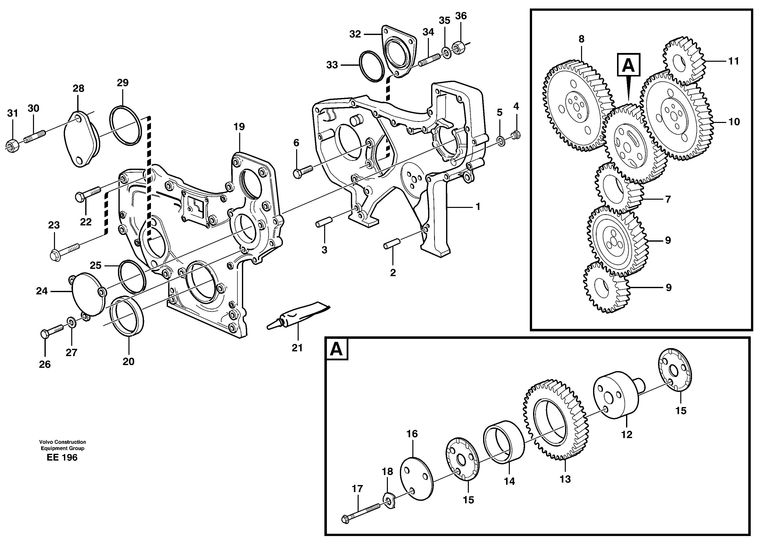 Схема запчастей Volvo L120D - 25255 Timing gear casing and gears L120D