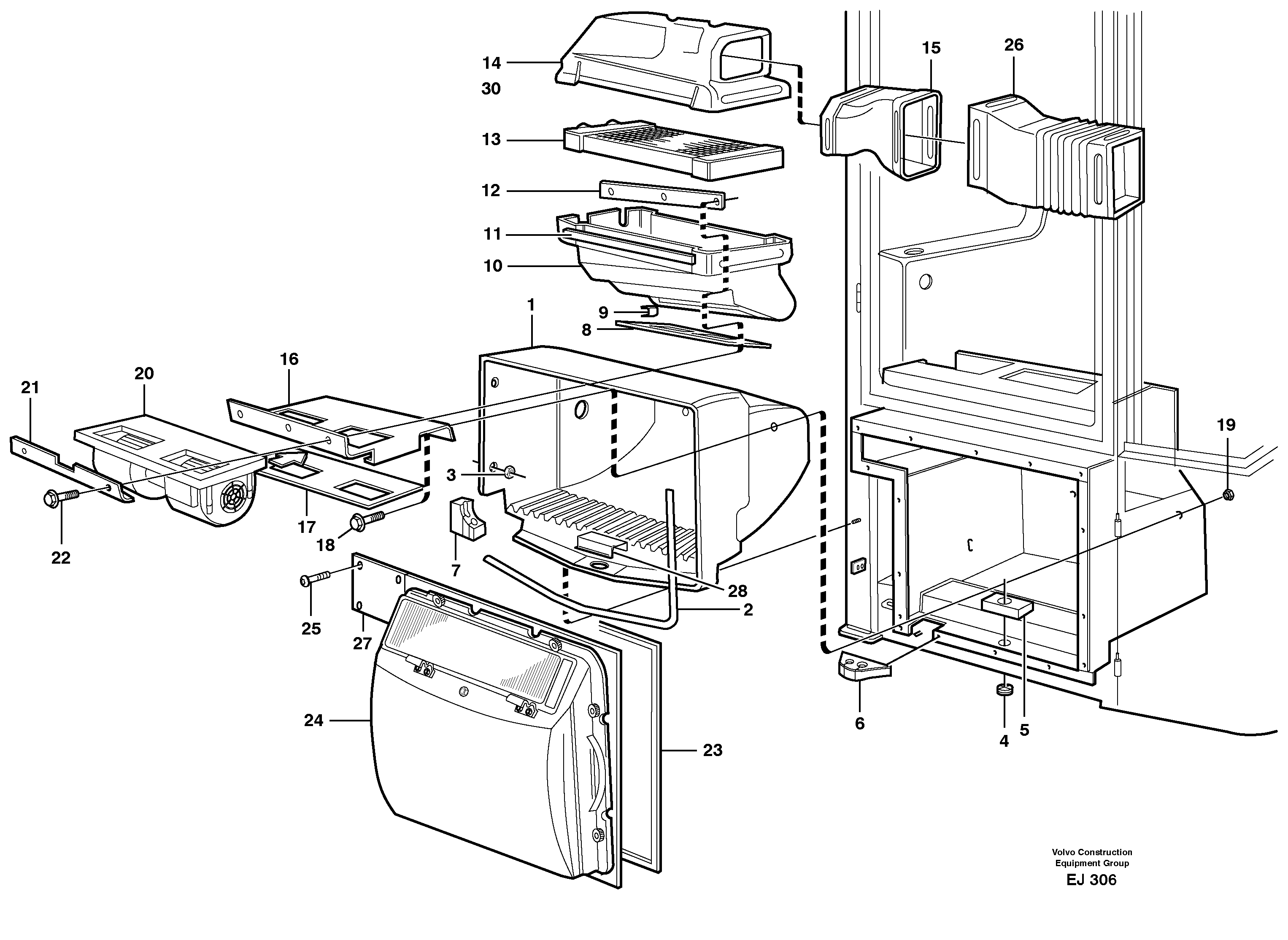 Схема запчастей Volvo L330E - 25707 Fresh air inlet, air filter and fan housing L330E