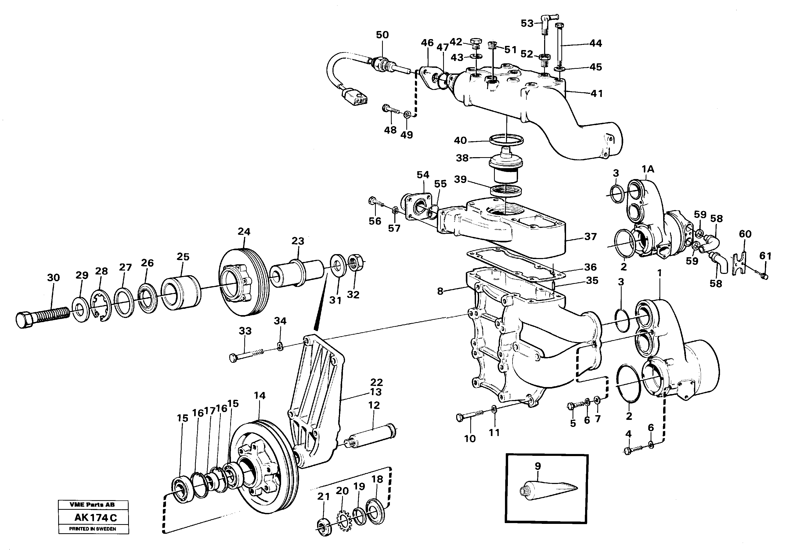 Схема запчастей Volvo L180 - 62657 Water pump with fitting parts L180/L180C VOLVO BM VOLVO BM L180/L180C SER NO -2532 / -60469 USA