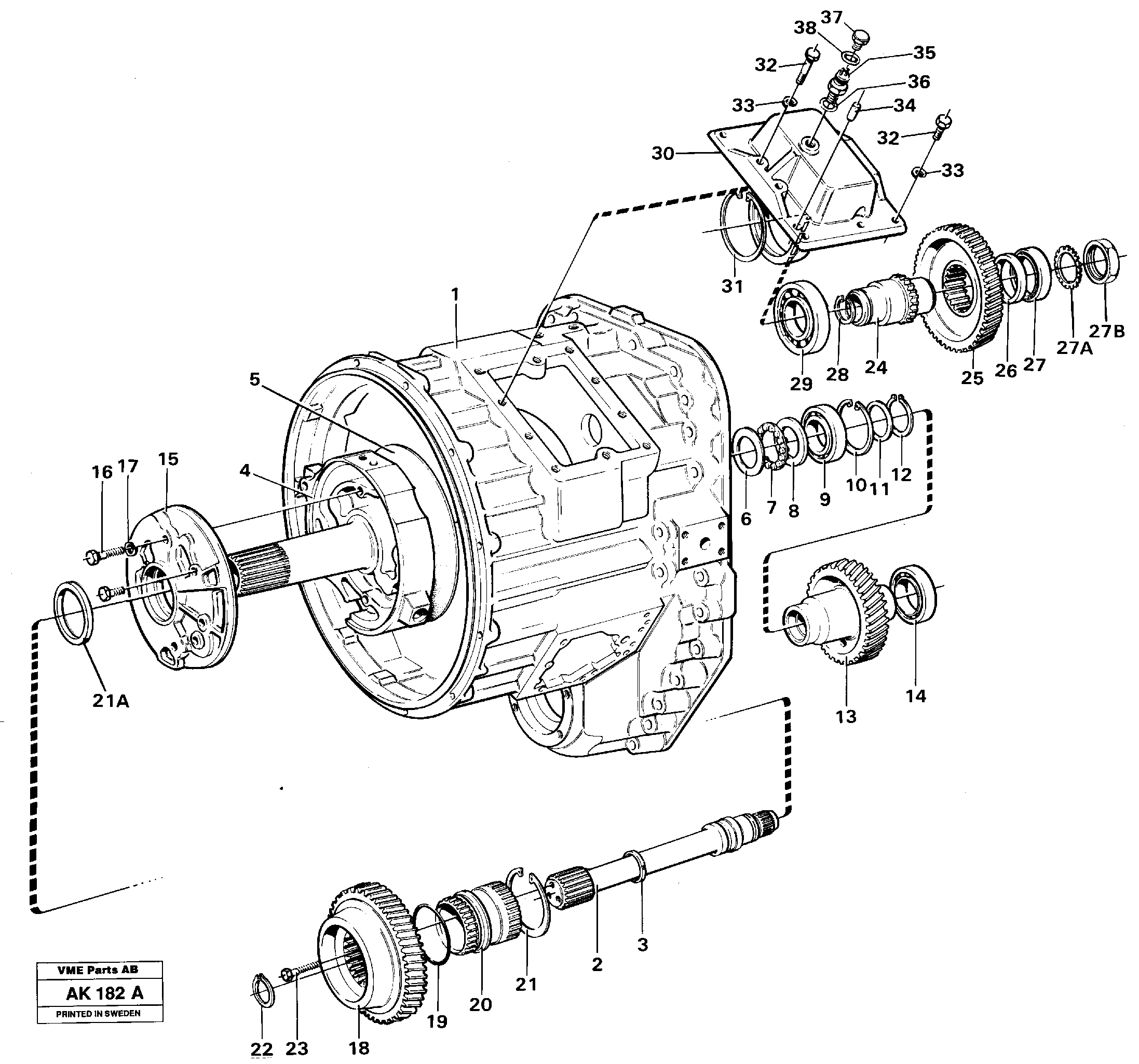 Схема запчастей Volvo L180 - 28844 Converter housing, gears and shafts L180/L180C VOLVO BM VOLVO BM L180/L180C SER NO -2532 / -60469 USA