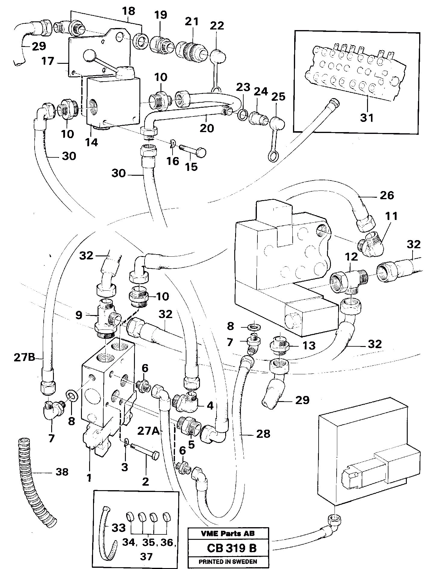 Схема запчастей Volvo EL70 - 29964 Single-acting hydraulic outlett, valves EL70 VOLVO BM VOLVO BM EL70