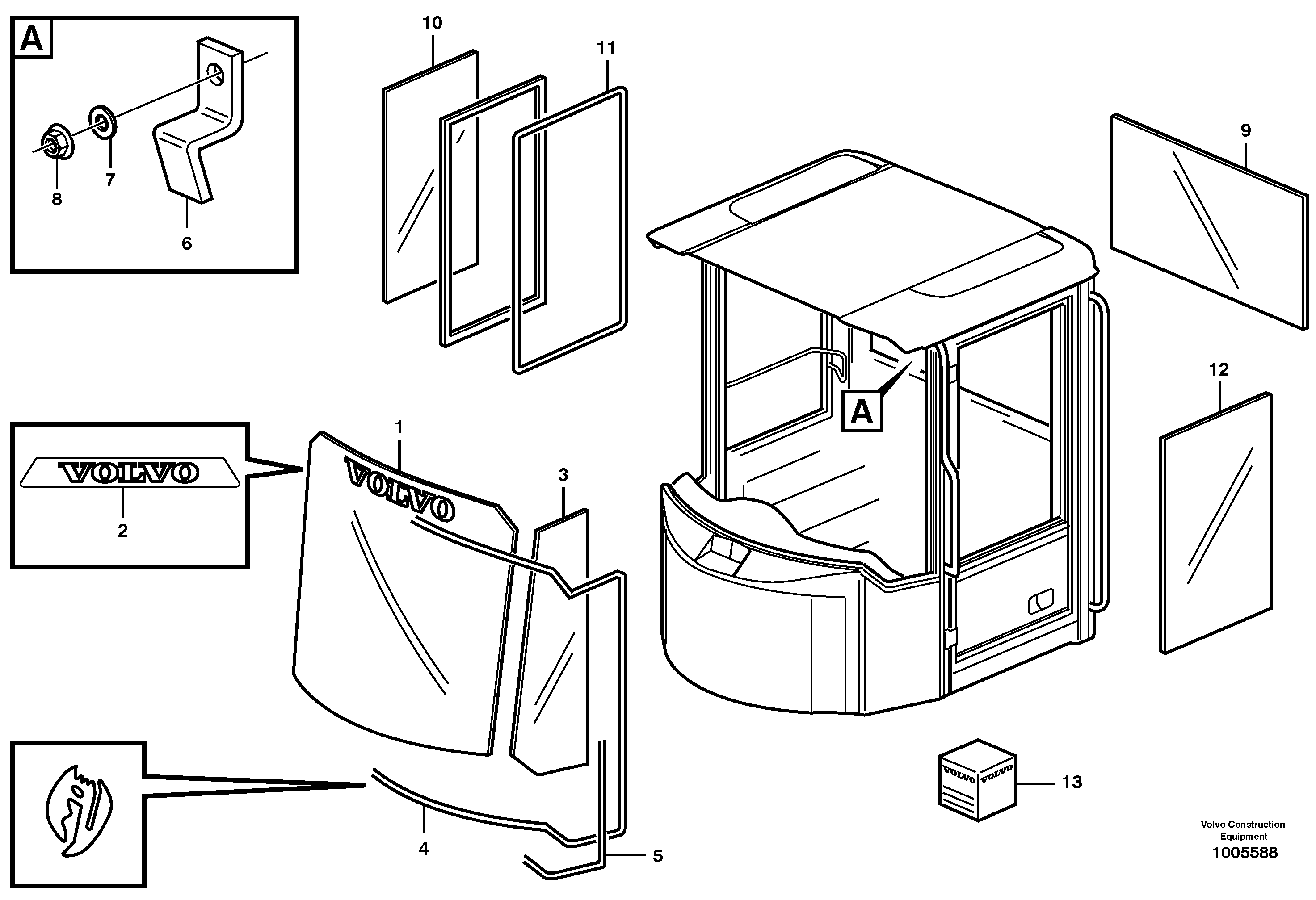 Схема запчастей Volvo L120E - 12378 Glass panes L120E S/N 19804- SWE, 66001- USA, 71401-BRA, 54001-IRN