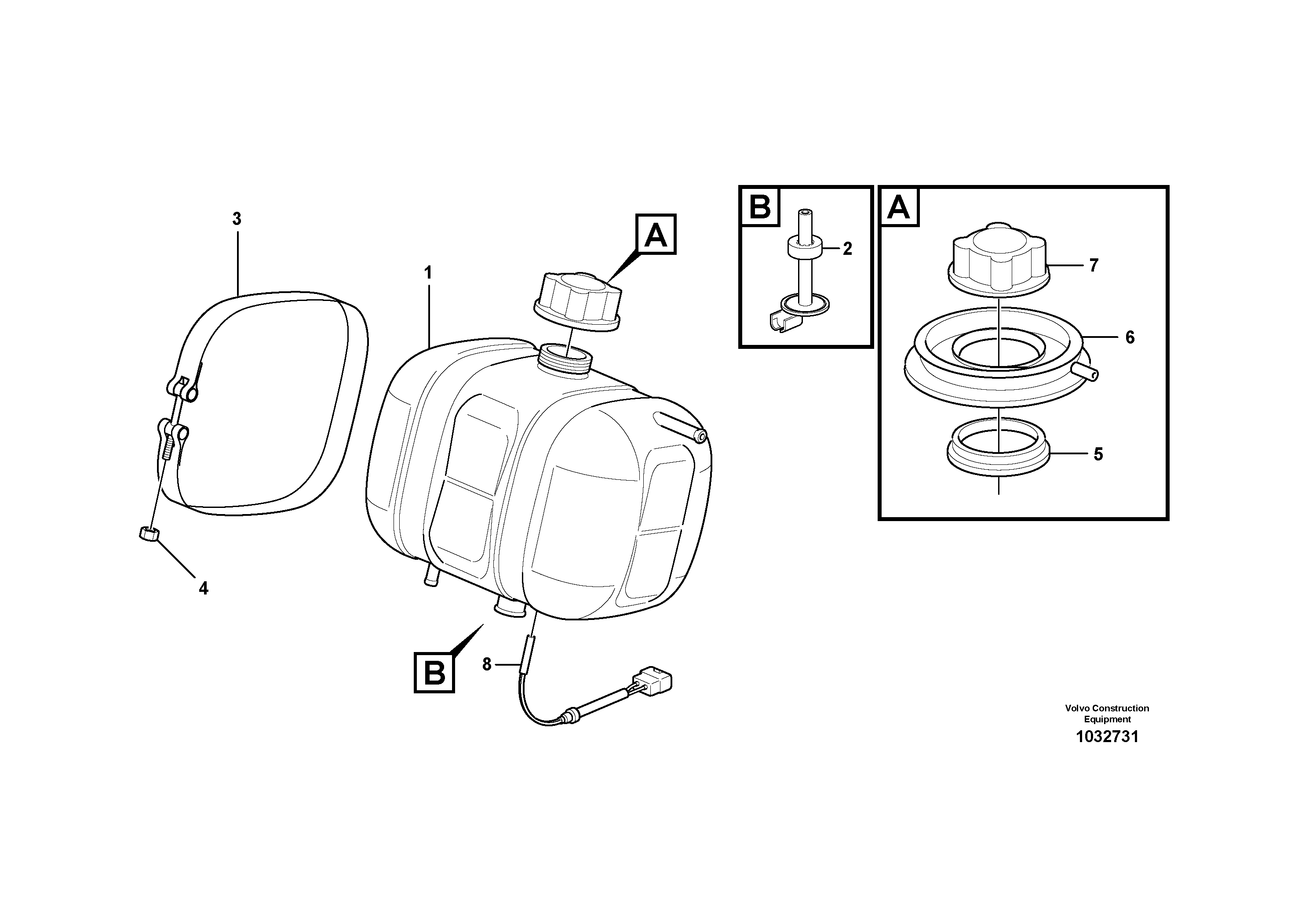 Схема запчастей Volvo L120E - 7392 Expansion tank with fitting parts L120E S/N 19804- SWE, 66001- USA, 71401-BRA, 54001-IRN