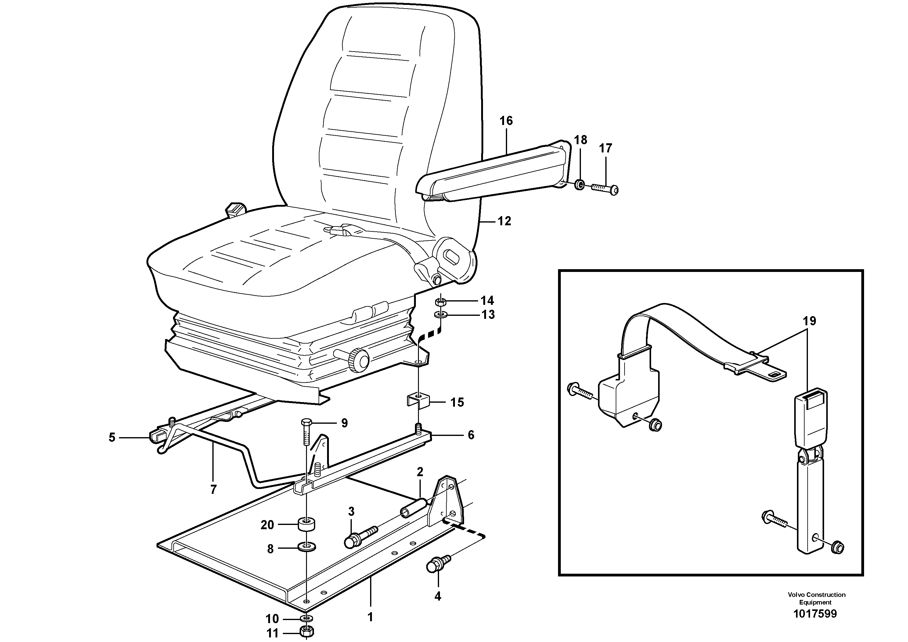 Схема запчастей Volvo L120E - 85309 Operator seat with fitting parts L120E S/N 16001 - 19668 SWE, 64001- USA, 70701-BRA