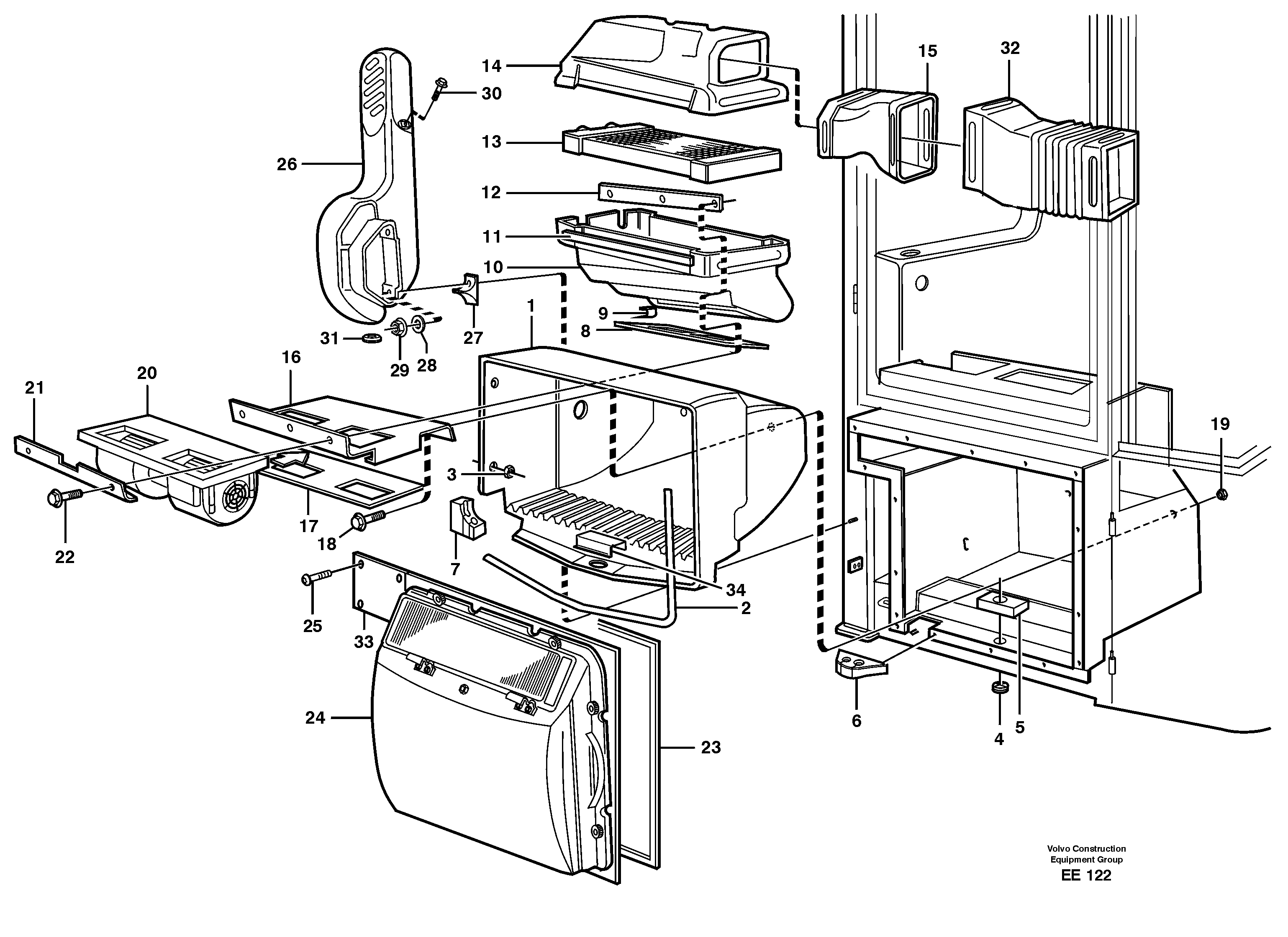 Схема запчастей Volvo L120E - 90370 Fresh air inlet, air filter and fan housing L120E S/N 16001 - 19668 SWE, 64001- USA, 70701-BRA