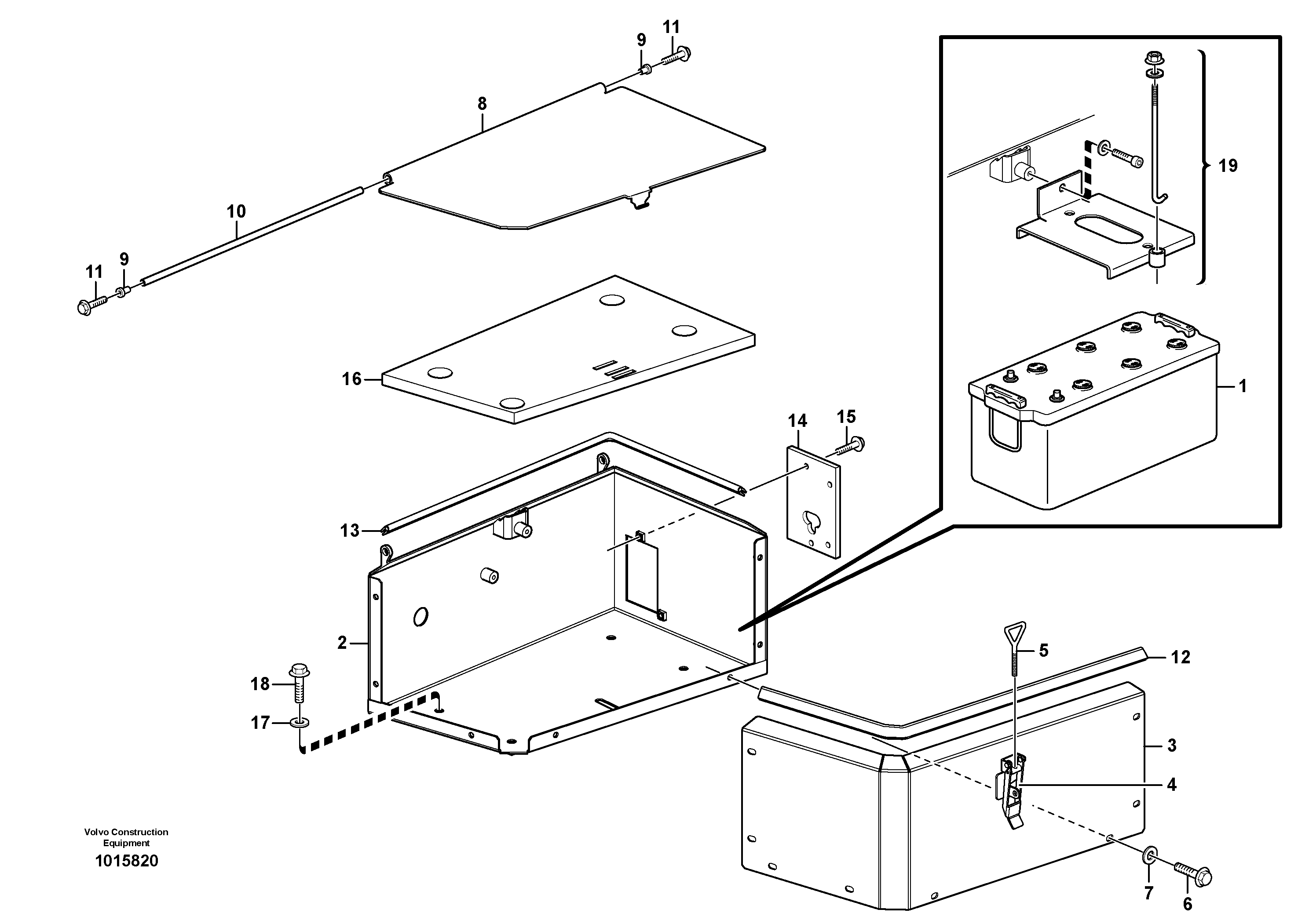 Схема запчастей Volvo L120E - 26838 Battery box with fitting parts L120E S/N 19804- SWE, 66001- USA, 71401-BRA, 54001-IRN