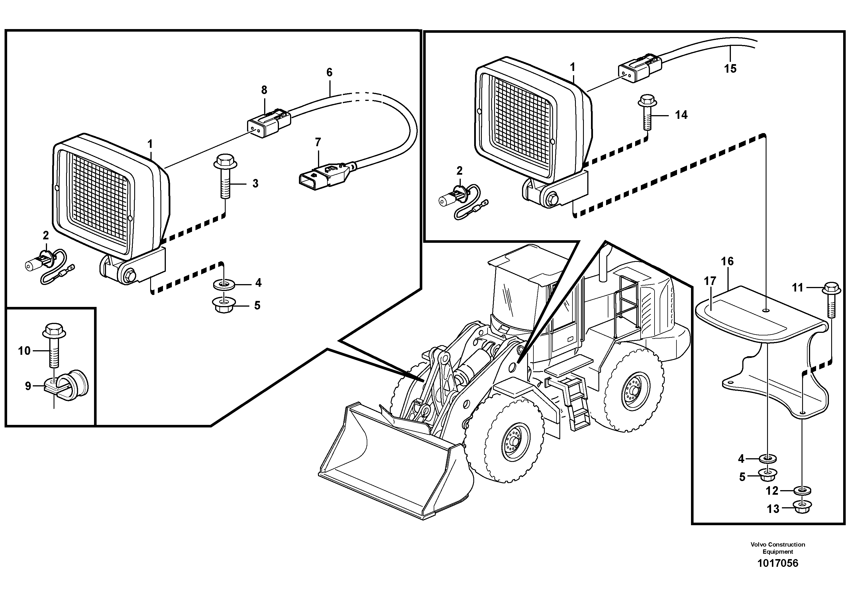 Схема запчастей Volvo L120E - 85744 Work lights, front L120E S/N 19804- SWE, 66001- USA, 71401-BRA, 54001-IRN