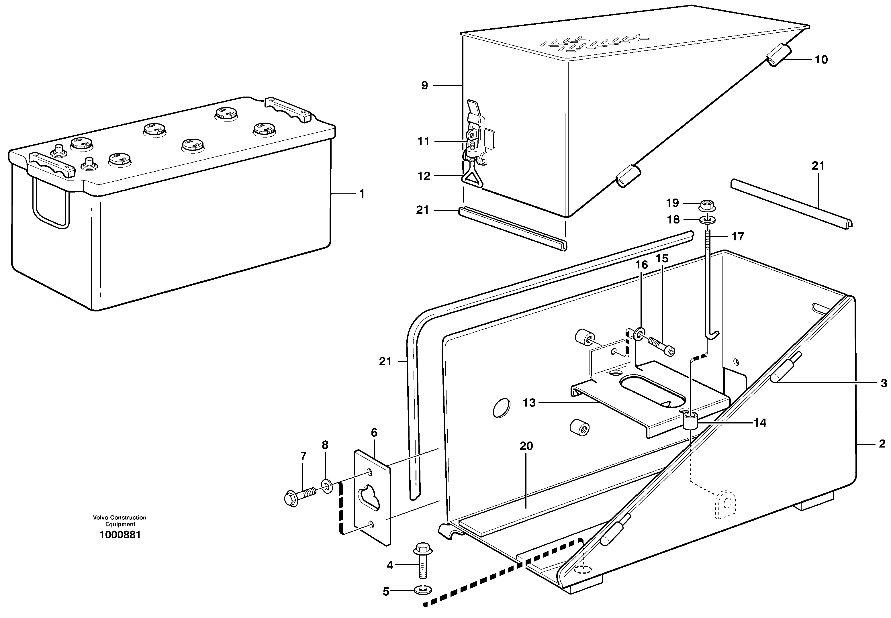 Схема запчастей Volvo L120E - 63205 Battery box with fitting parts L120E S/N 16001 - 19668 SWE, 64001- USA, 70701-BRA