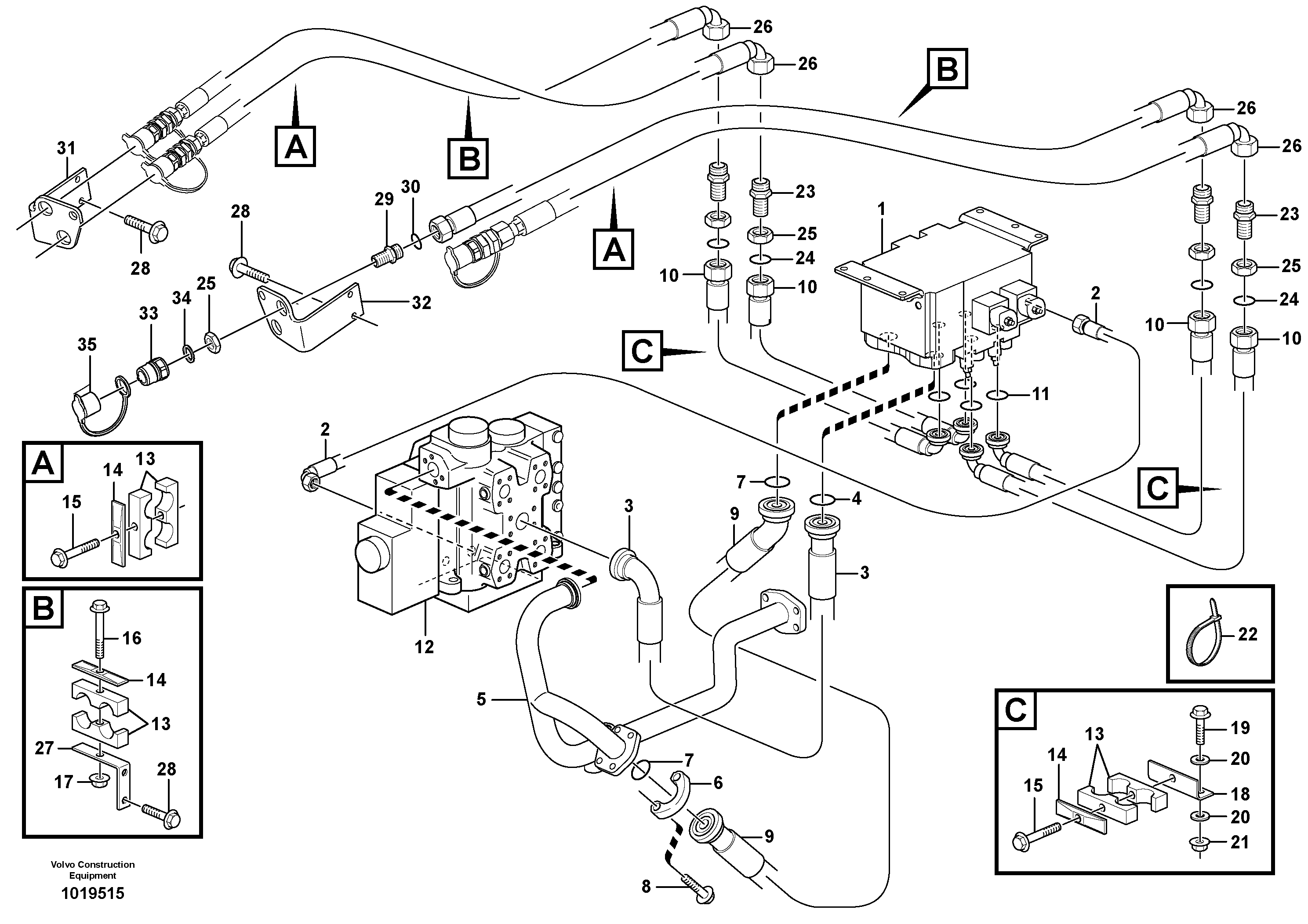 Схема запчастей Volvo L120E - 59843 Hydraulic system, 3rd and 4th function. Feed and return lines L120E S/N 19804- SWE, 66001- USA, 71401-BRA, 54001-IRN