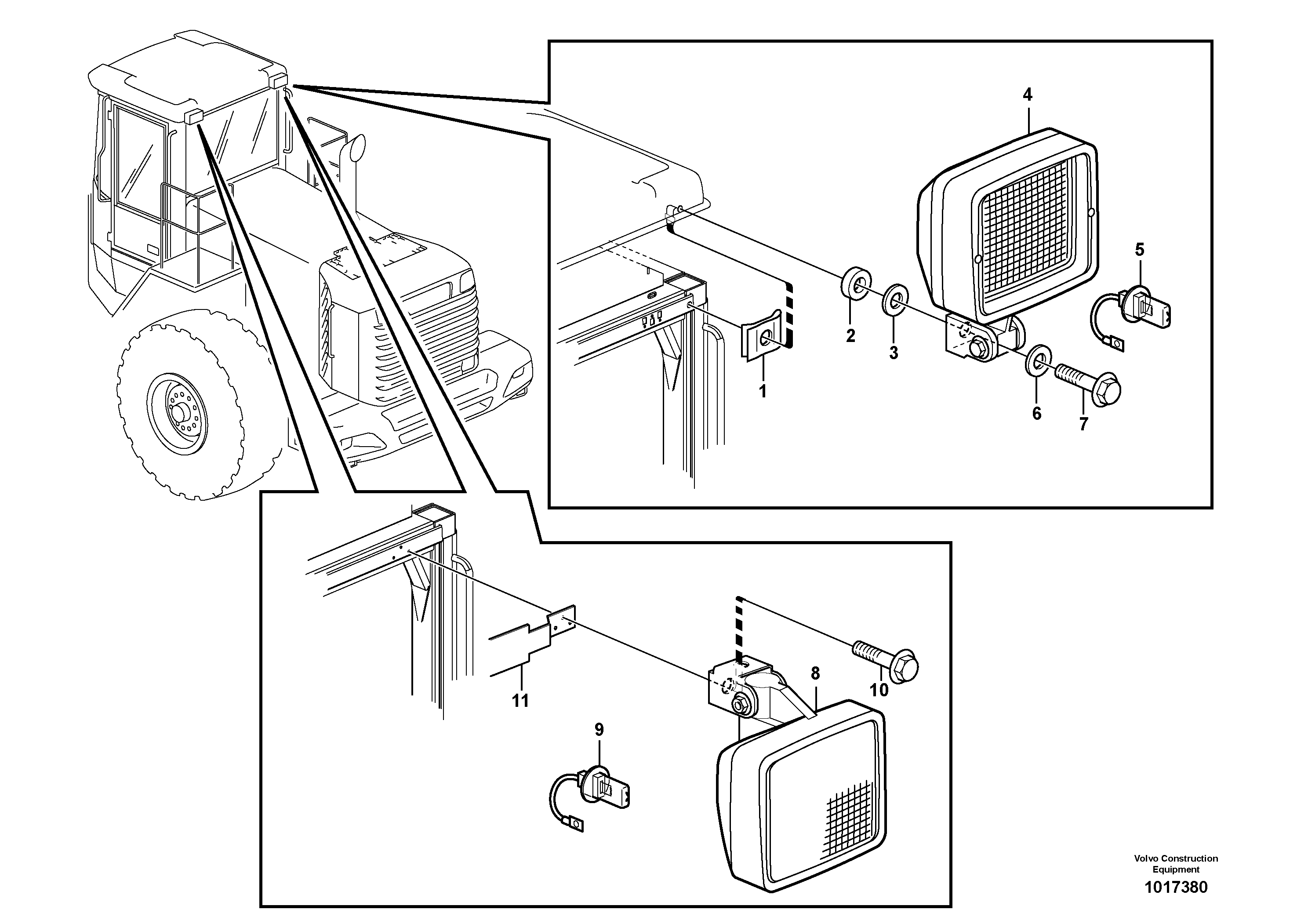 Схема запчастей Volvo L120E - 43368 Work lights, rear L120E S/N 16001 - 19668 SWE, 64001- USA, 70701-BRA