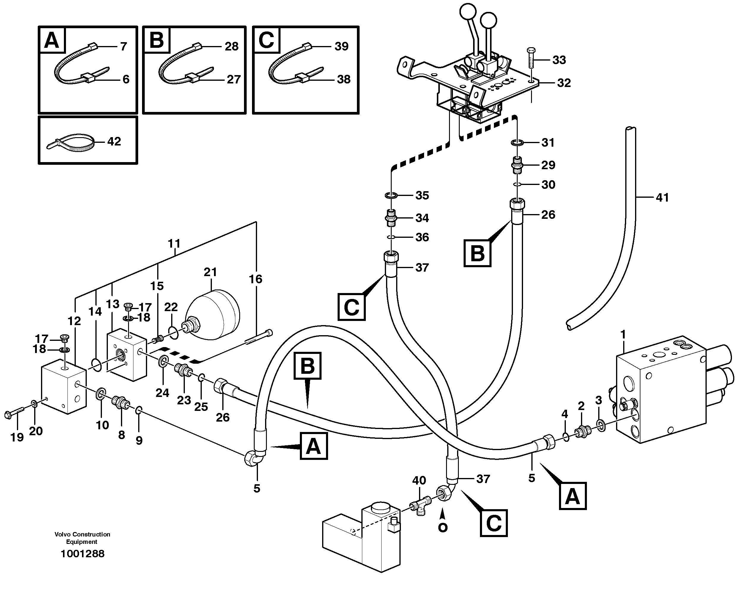 Схема запчастей Volvo L120E - 60076 Servo - hydraulic, feed and return lines L120E S/N 16001 - 19668 SWE, 64001- USA, 70701-BRA