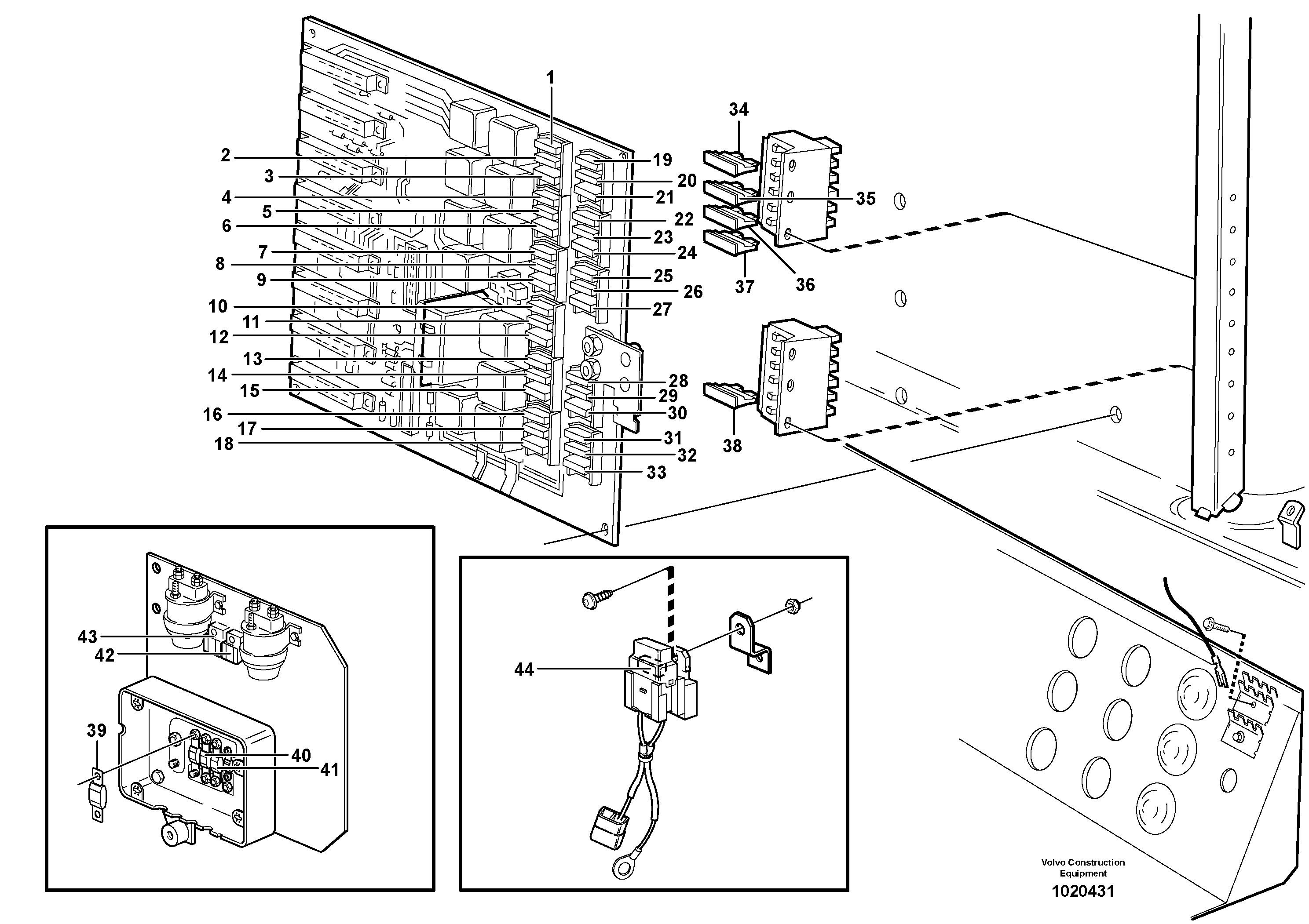 Схема запчастей Volvo L120E - 14938 Fuses, reference list L120E S/N 19804- SWE, 66001- USA, 71401-BRA, 54001-IRN