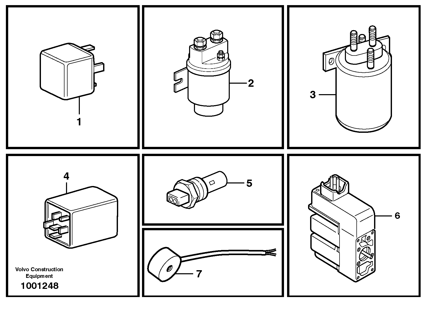 Схема запчастей Volvo L120E - 97598 Relays, sensors and solenoid valves, reference list L120E S/N 16001 - 19668 SWE, 64001- USA, 70701-BRA