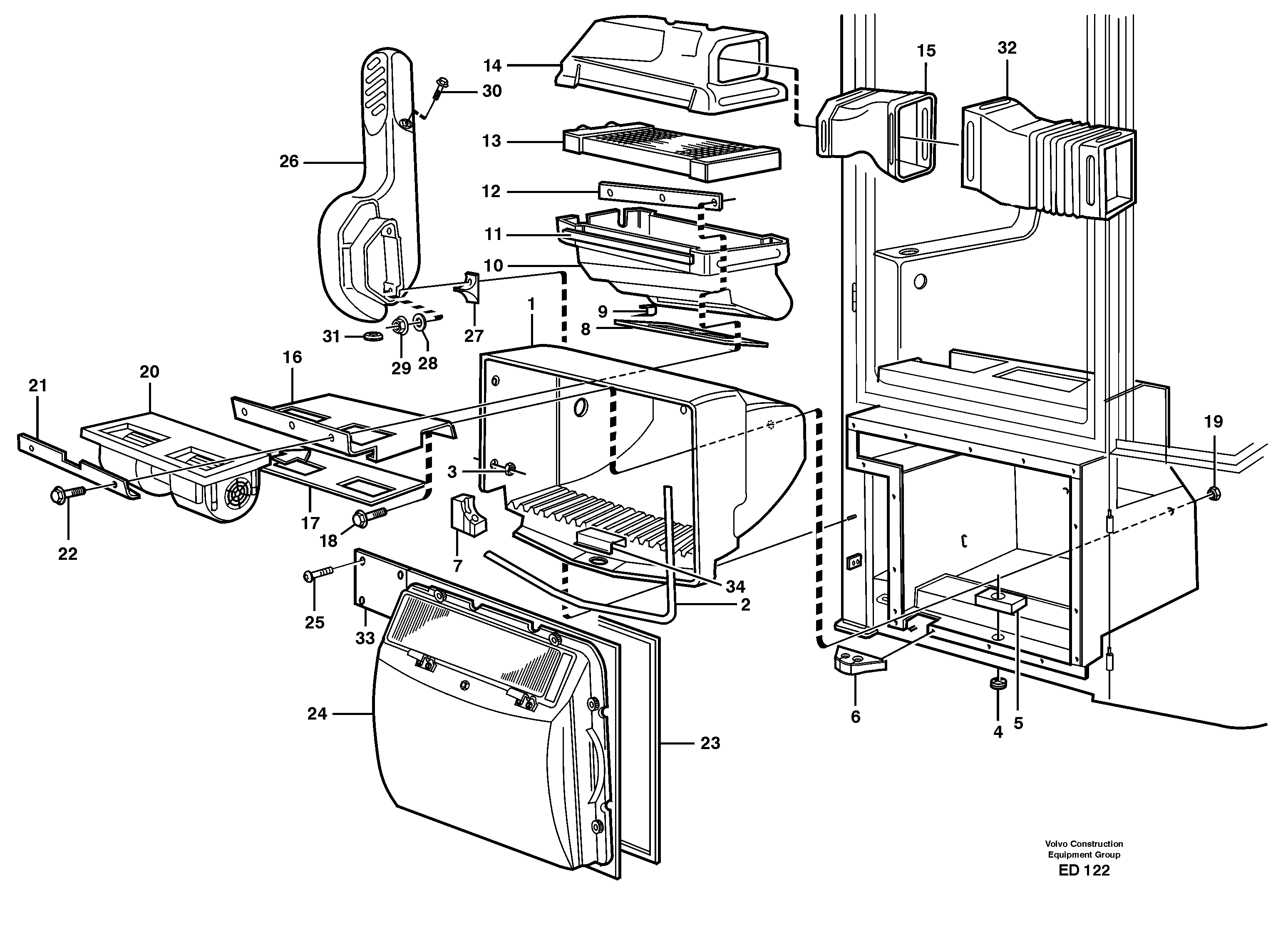 Схема запчастей Volvo L60E - 87289 Fresh air inlet, air filter and fan housing L60E