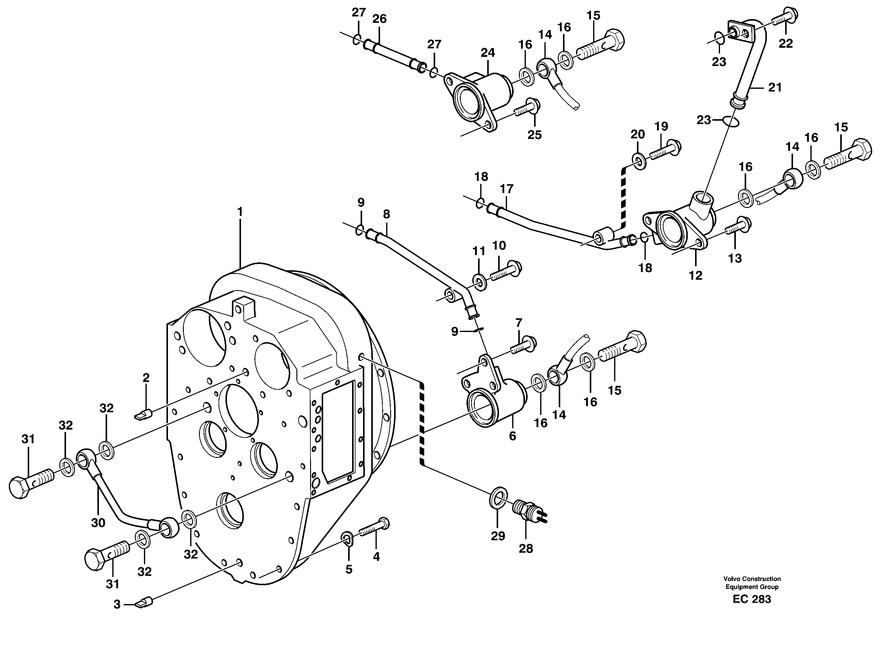 Схема запчастей Volvo L60E - 39643 Converter housing with fitting parts L60E