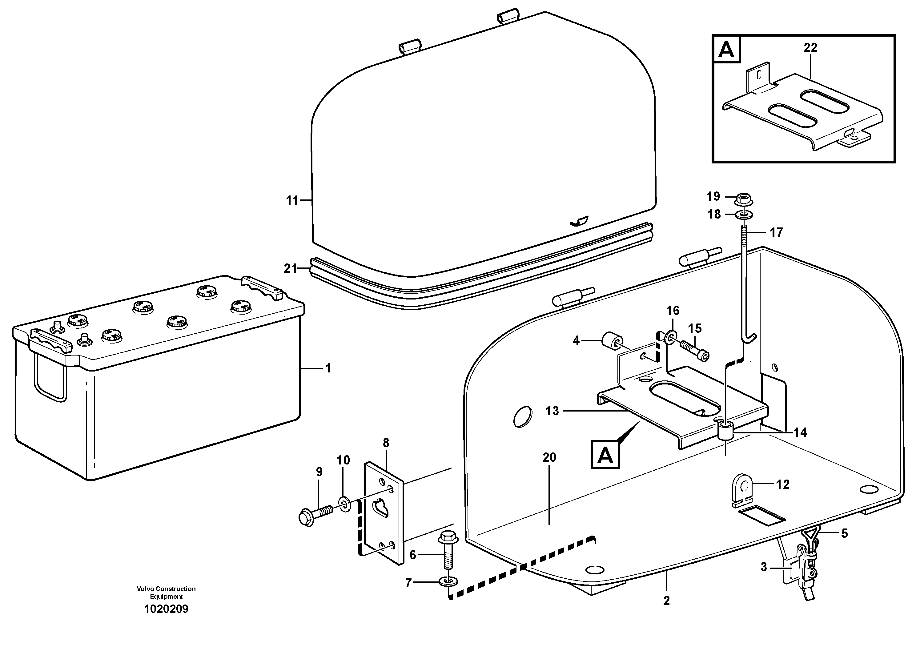 Схема запчастей Volvo L110E - 19521 Battery box with fitting parts L110E S/N 2202- SWE, 61001- USA, 70401-BRA