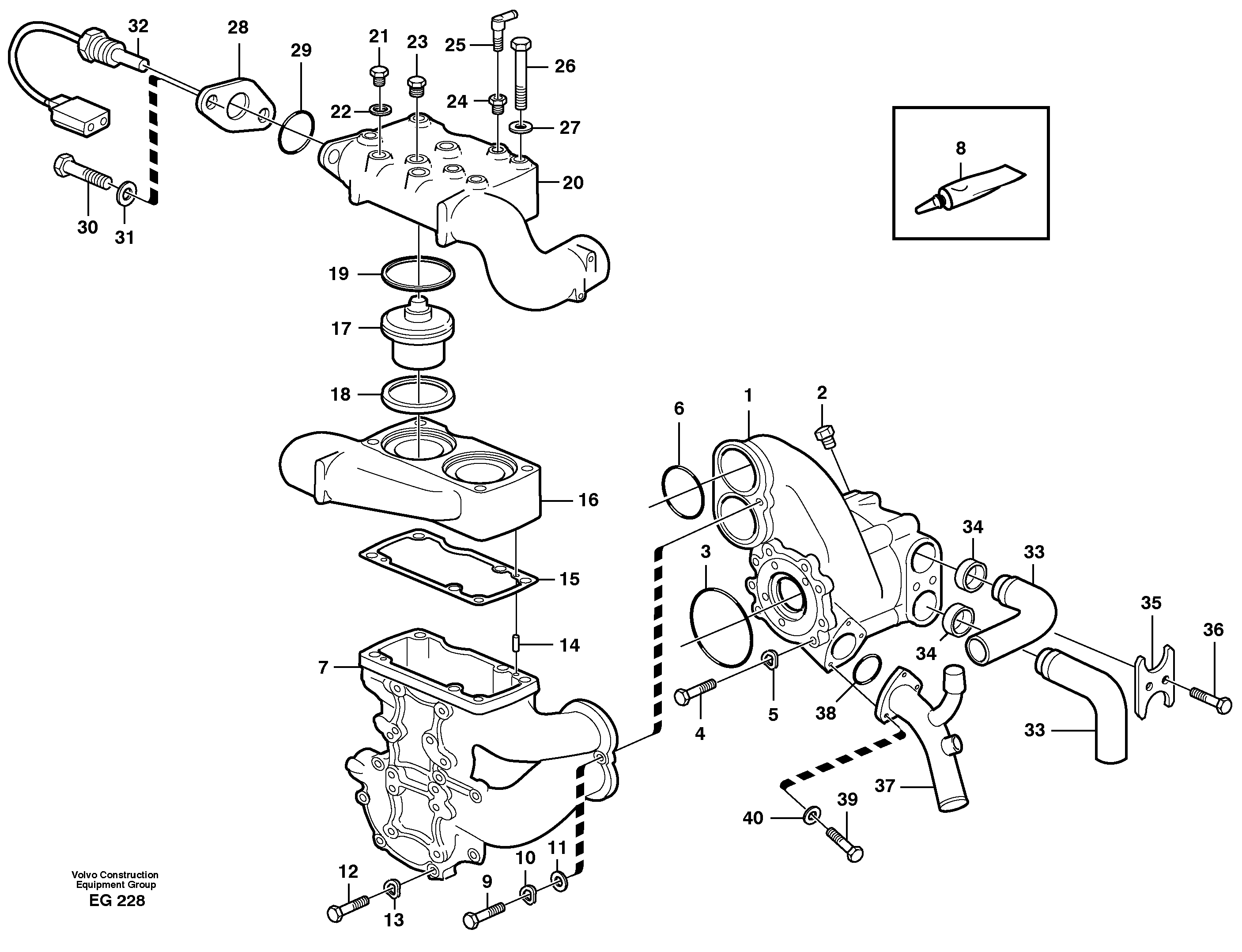 Схема запчастей Volvo L180D - 29849 Water pump and thermostat housing L180D