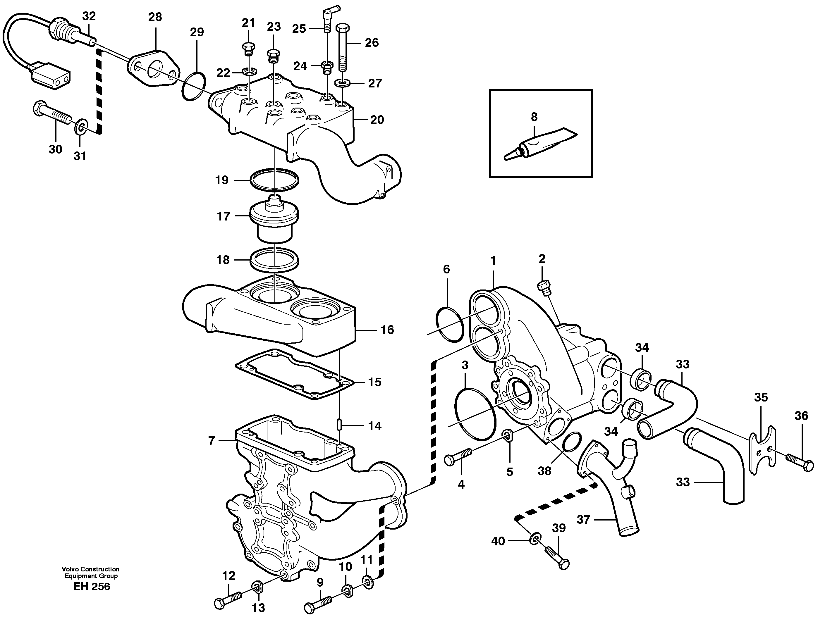 Схема запчастей Volvo L180D - 35824 Water pump and thermostat housing L180D HIGH-LIFT