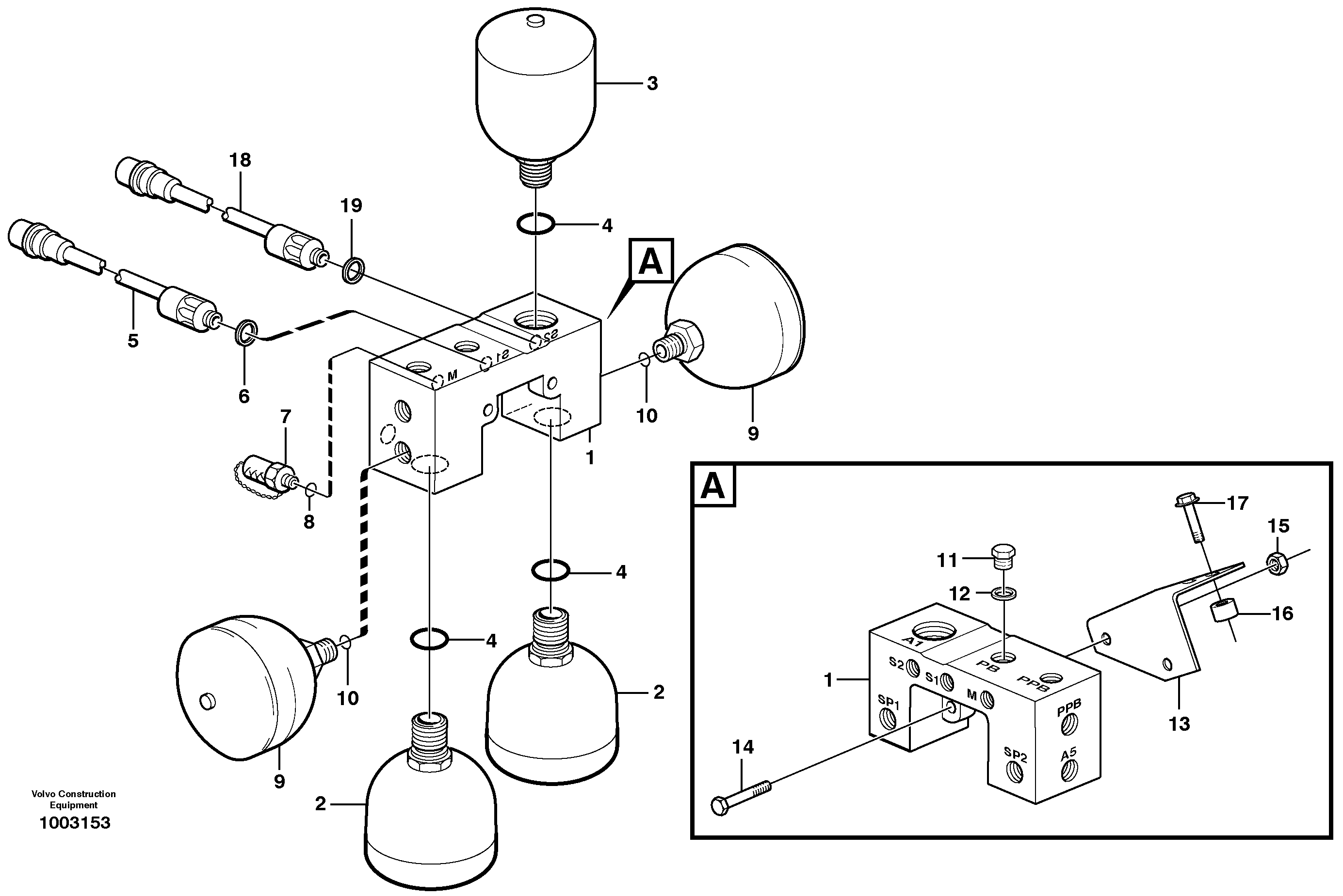 Схема запчастей Volvo L180E - 95839 Valve and accumulators L180E S/N 5004 - 7398 S/N 62501 - 62543 USA