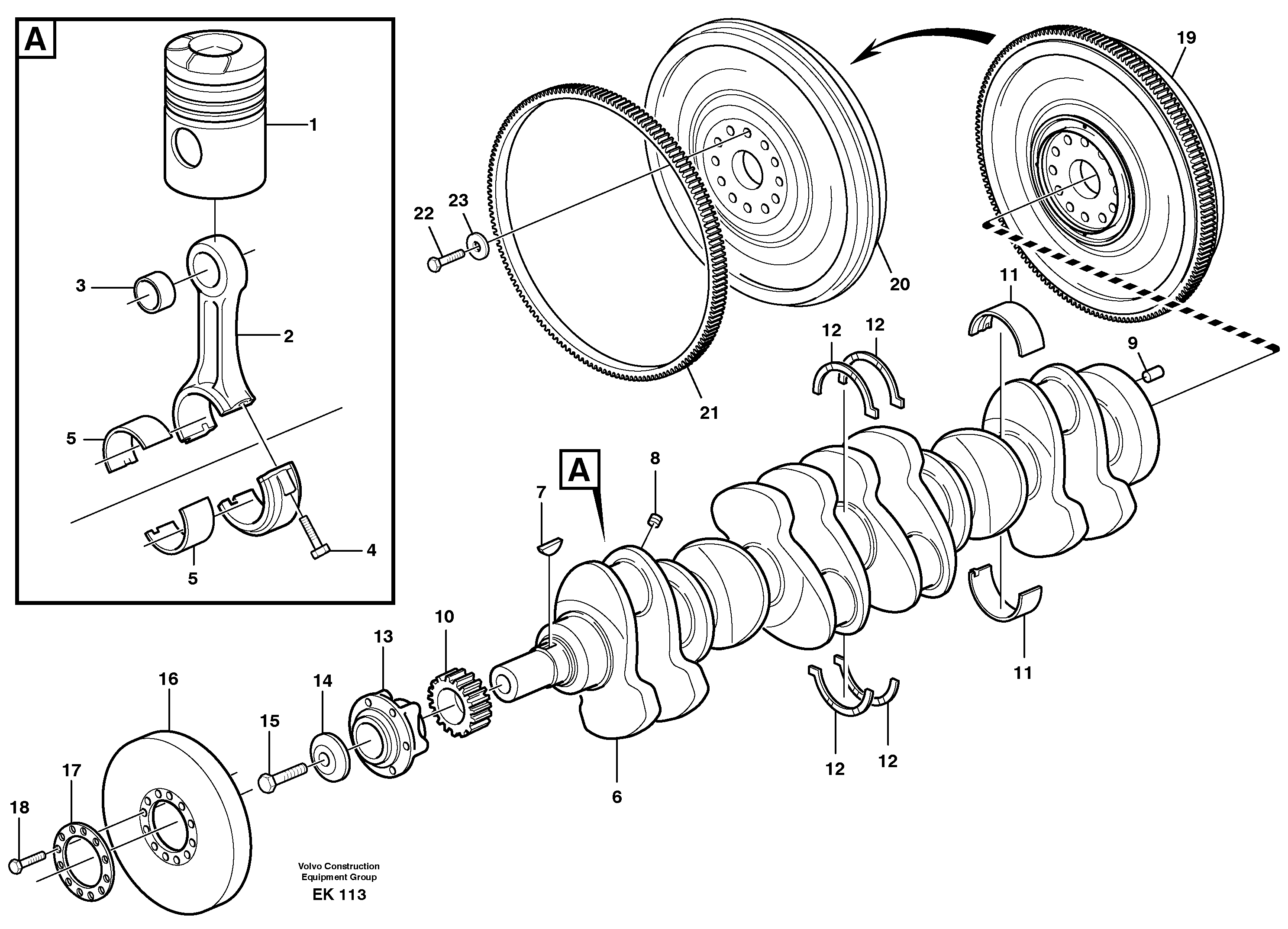 Схема запчастей Volvo L180E - 52486 Crankshaft and related parts L180E S/N 5004 - 7398 S/N 62501 - 62543 USA