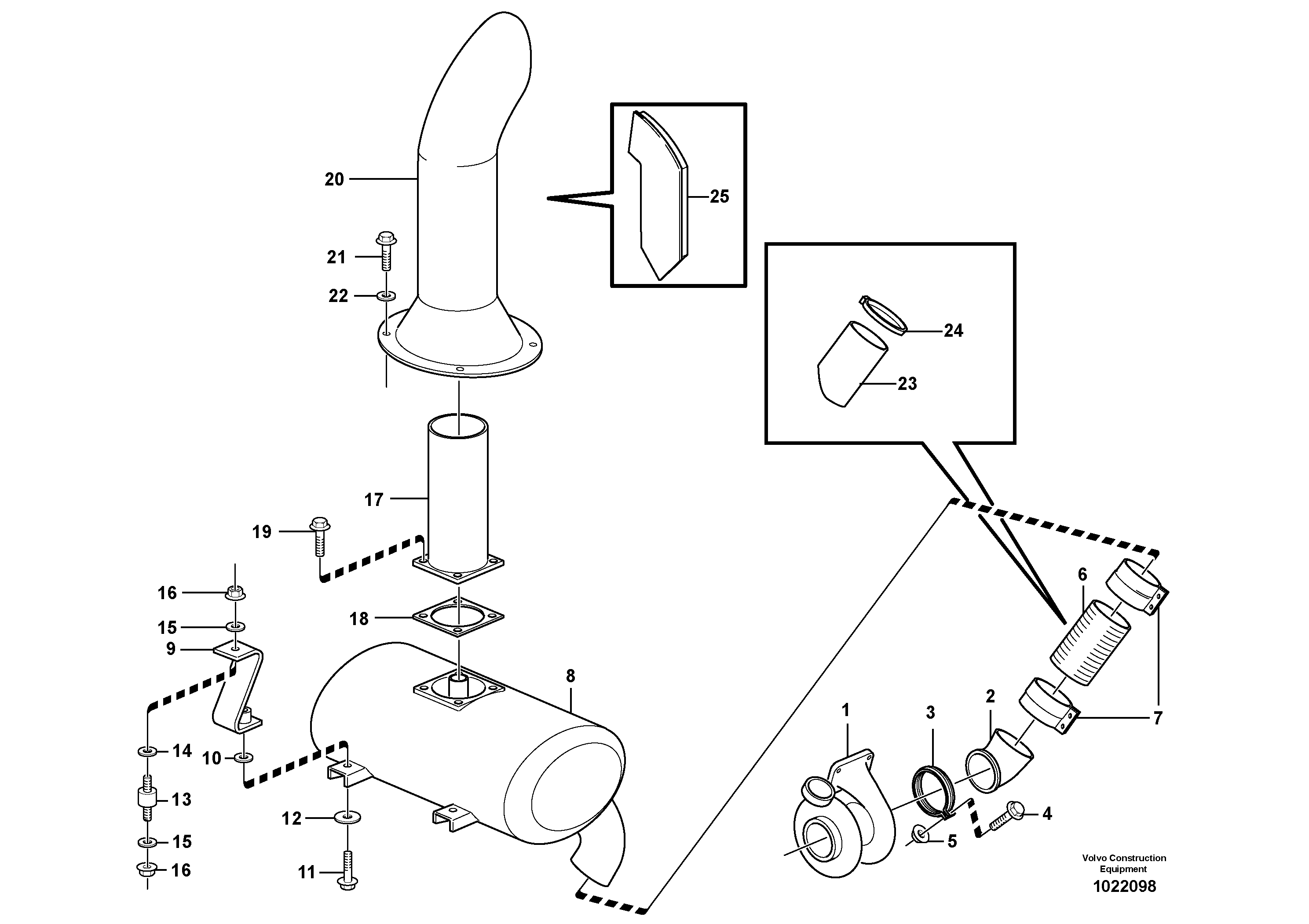 Схема запчастей Volvo L180E - 58395 Exhaust system, silencer L180E S/N 5004 - 7398 S/N 62501 - 62543 USA